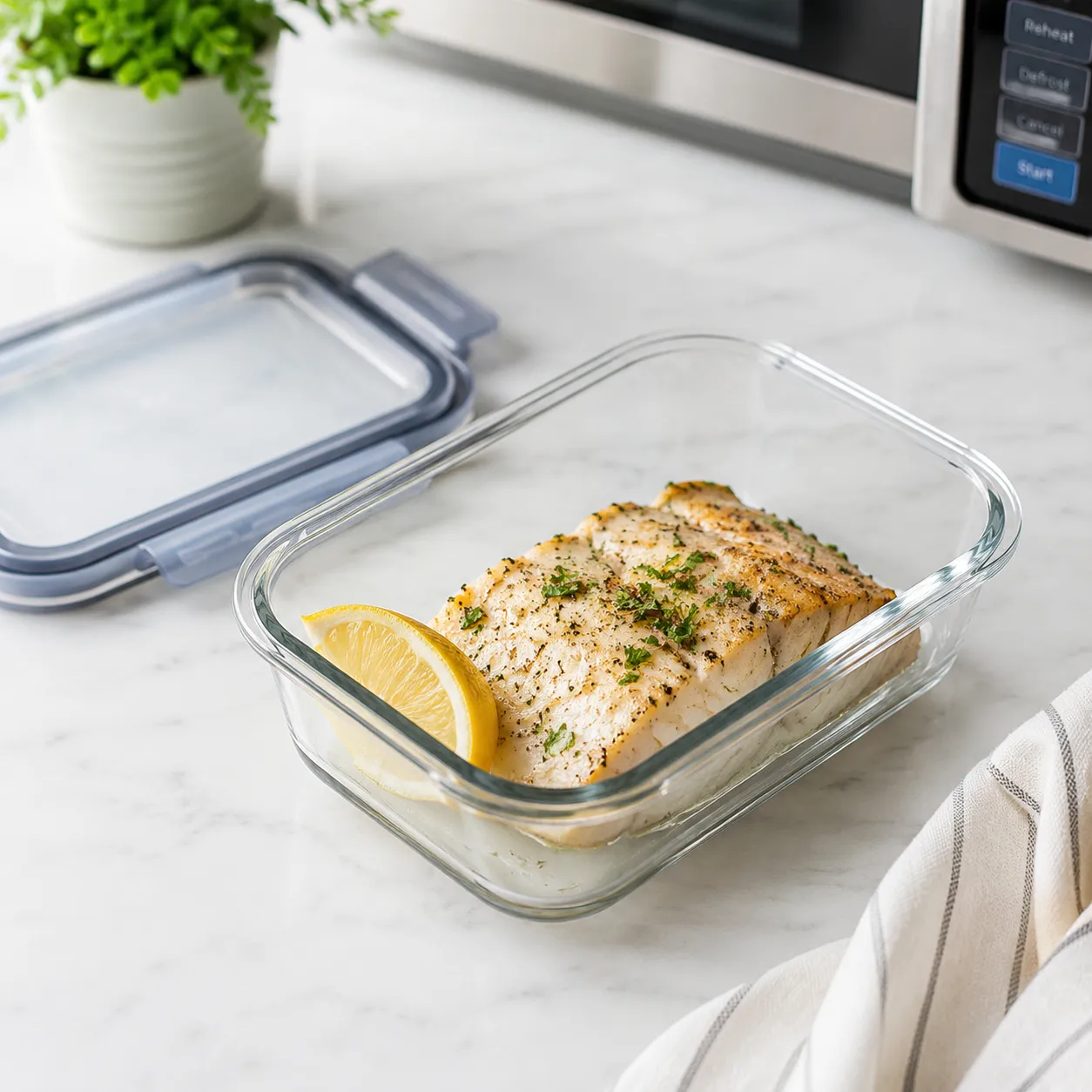 Storing leftover baked cod in a glass meal prep container
