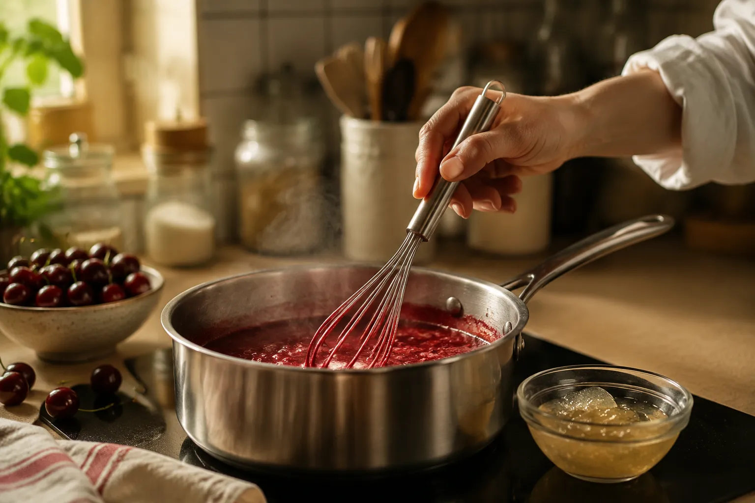 Whisking cherry syrup in a saucepan for homemade Smarties Squashies
