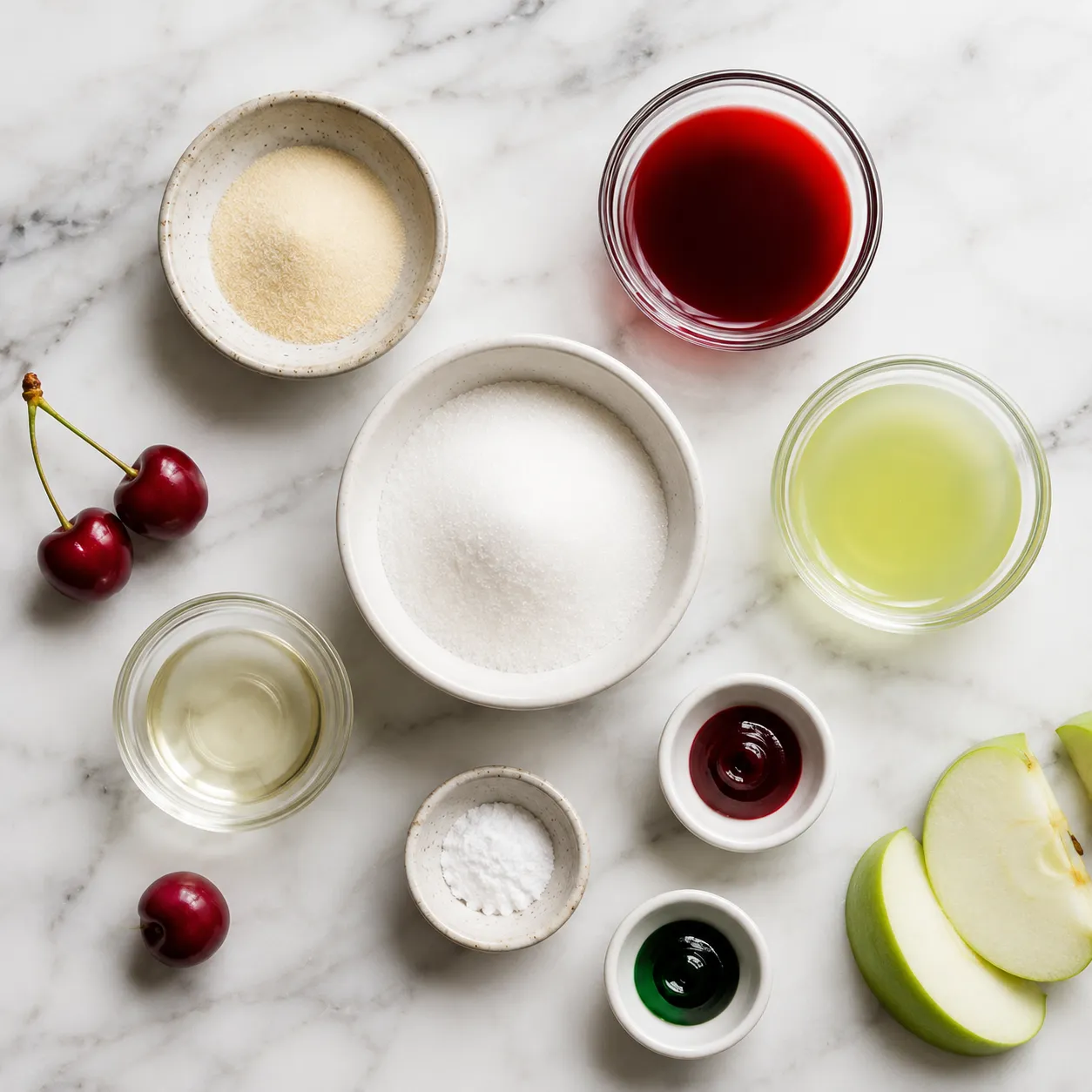 Smarties Squashies ingredients flatlay with gelatin, sugar, cherry juice, and apple juice