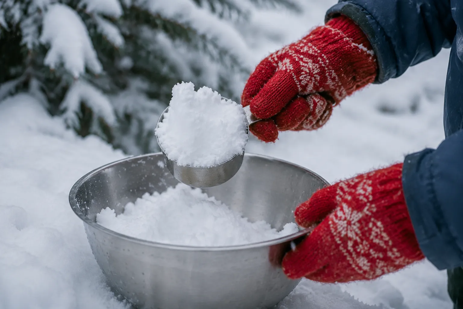 Collecting fresh snow for snow cream in a metal bowl