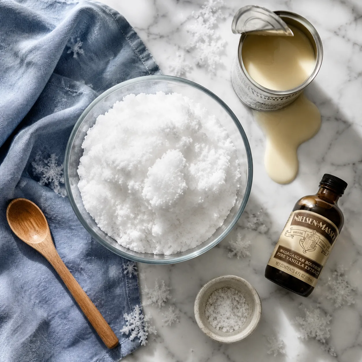 Snow ice cream recipe ingredients flatlay with snow and sweetened condensed milk