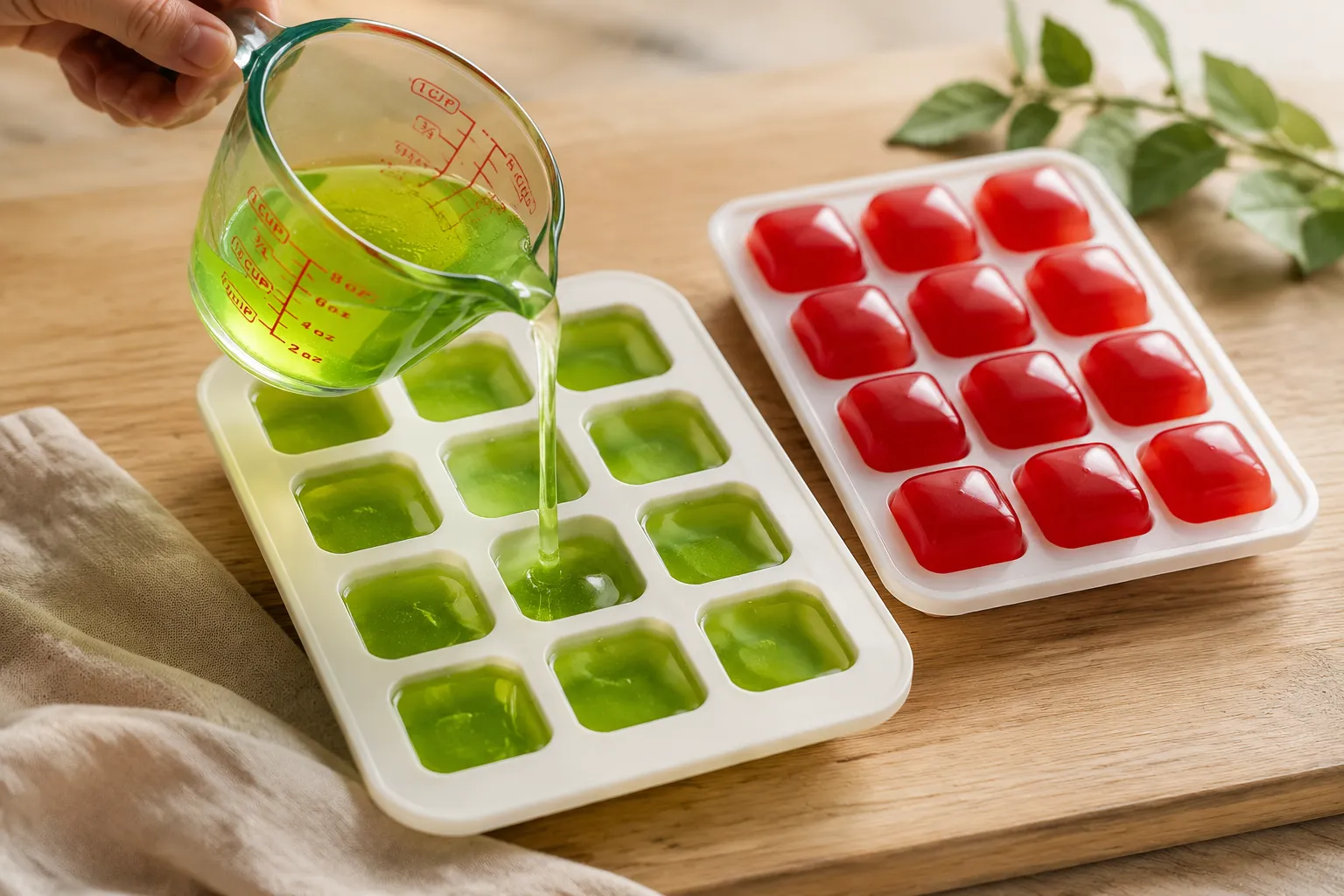 Pouring green apple candy mixture into silicone molds for Smarties Squashies
