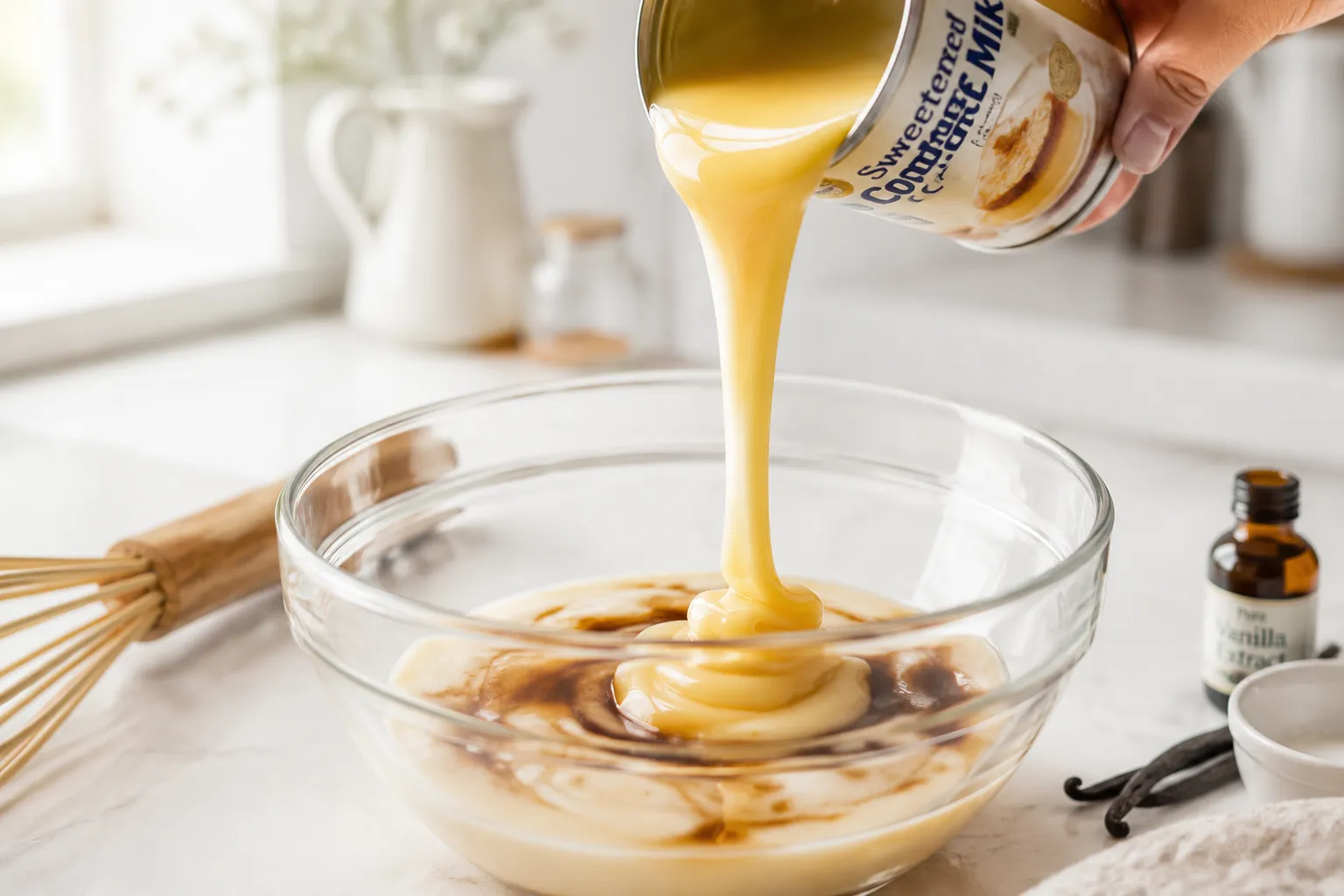 Pouring sweetened condensed milk for easy snow cream recipe