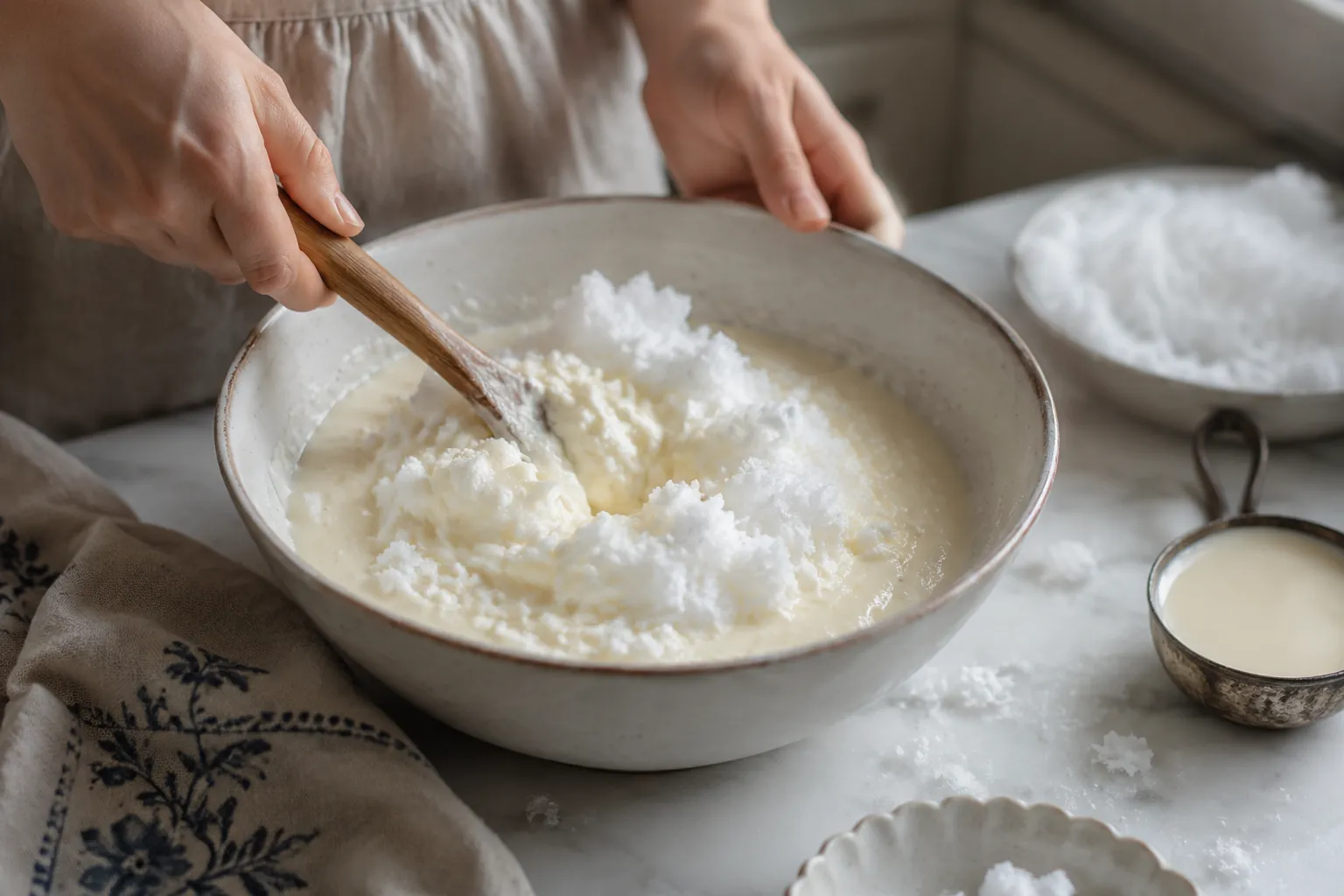 Folding snow into condensed milk base to make snow ice cream