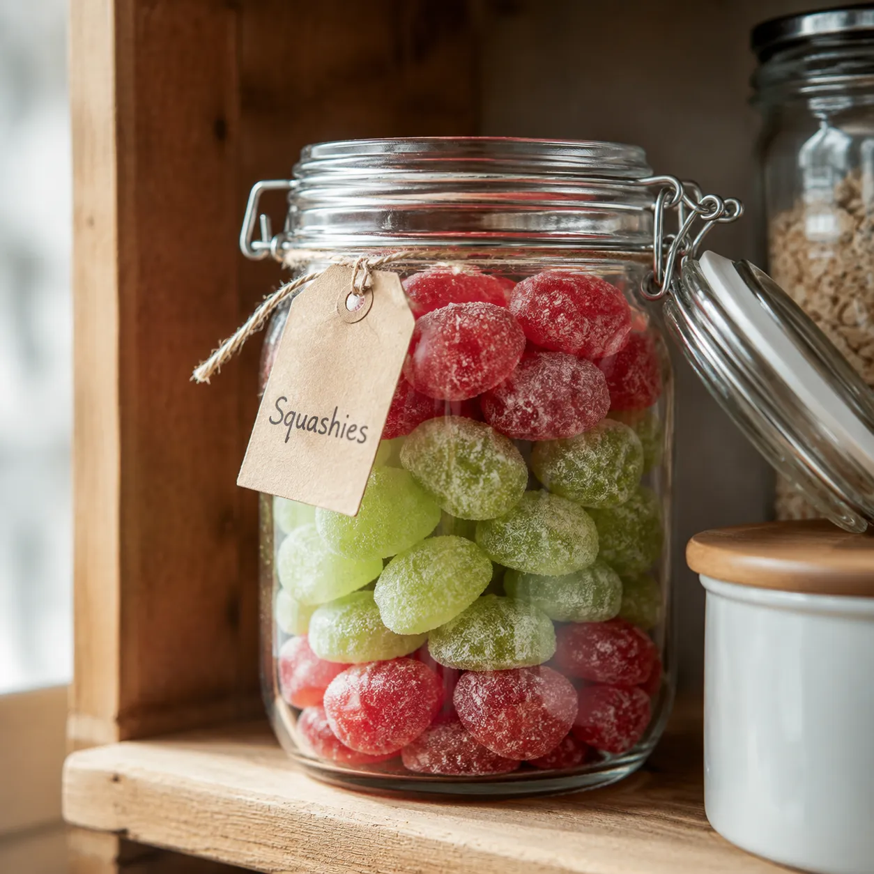 Homemade Smarties Squashies stored in an airtight glass jar