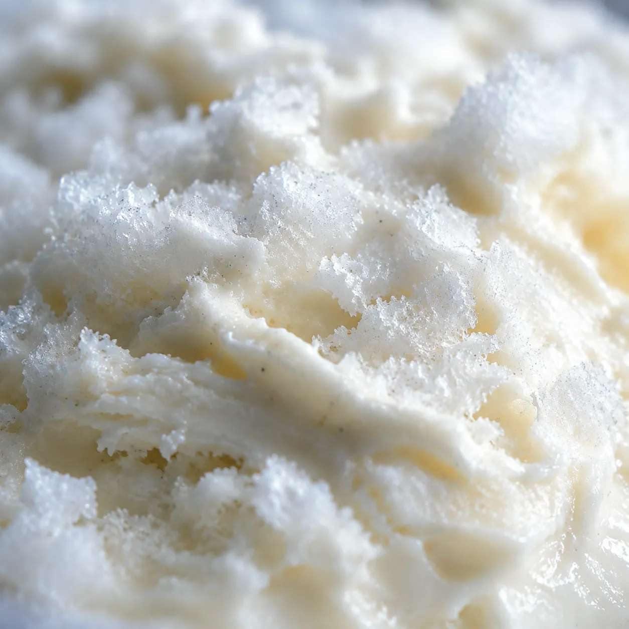 Close-up texture of creamy homemade snow cream with vanilla flecks