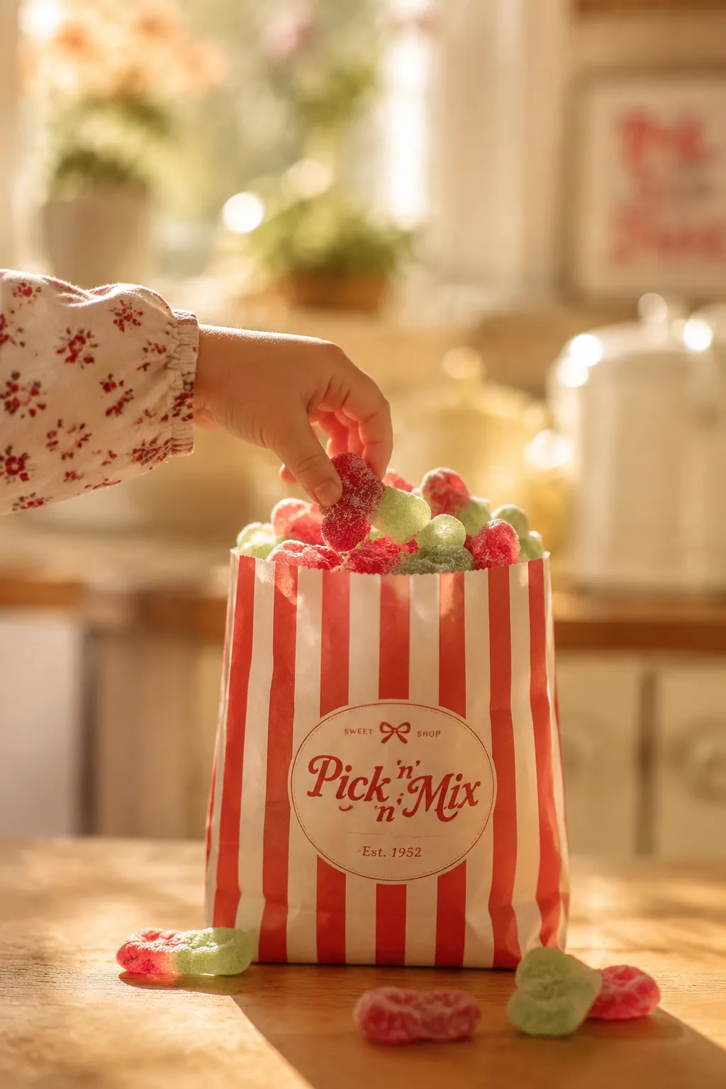 Child's hand reaching into a paper bag of homemade Smarties Squashies