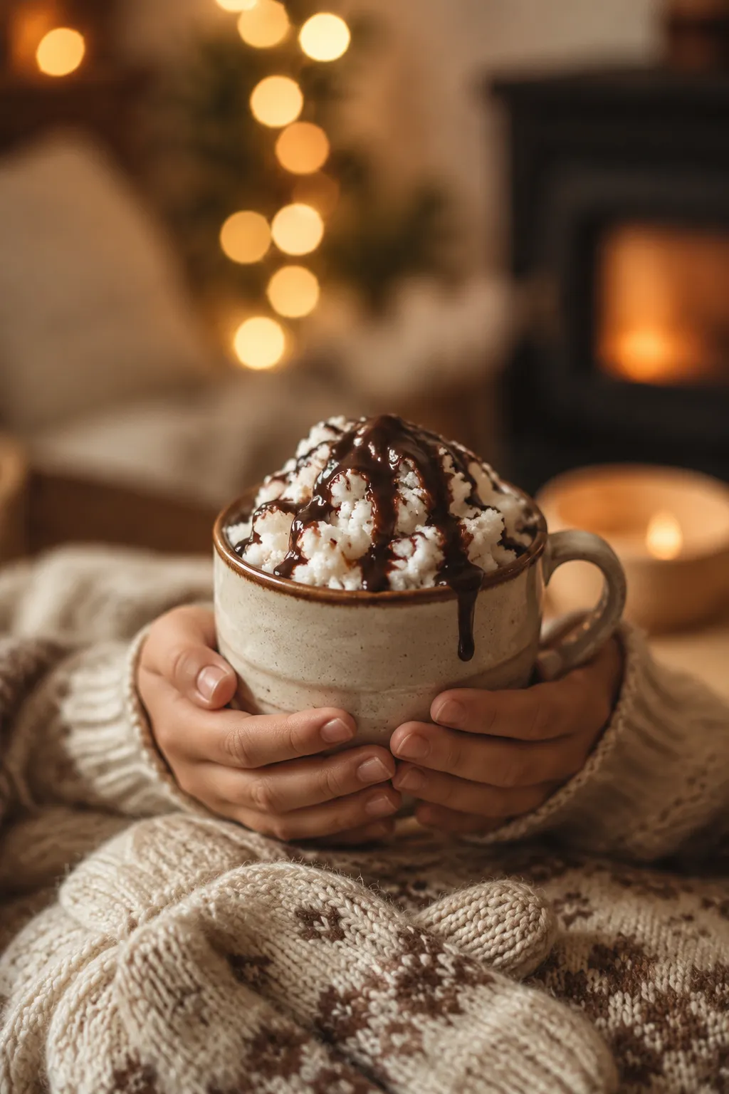 Child enjoying snow ice cream recipe topped with chocolate syrup