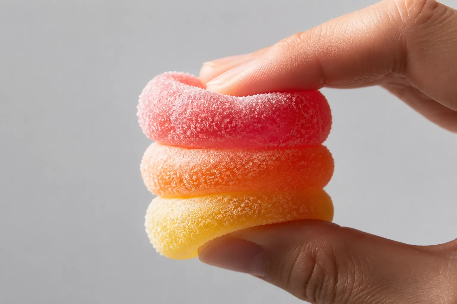 Fingers squishing homemade Smarties Squashies to show soft chewy texture