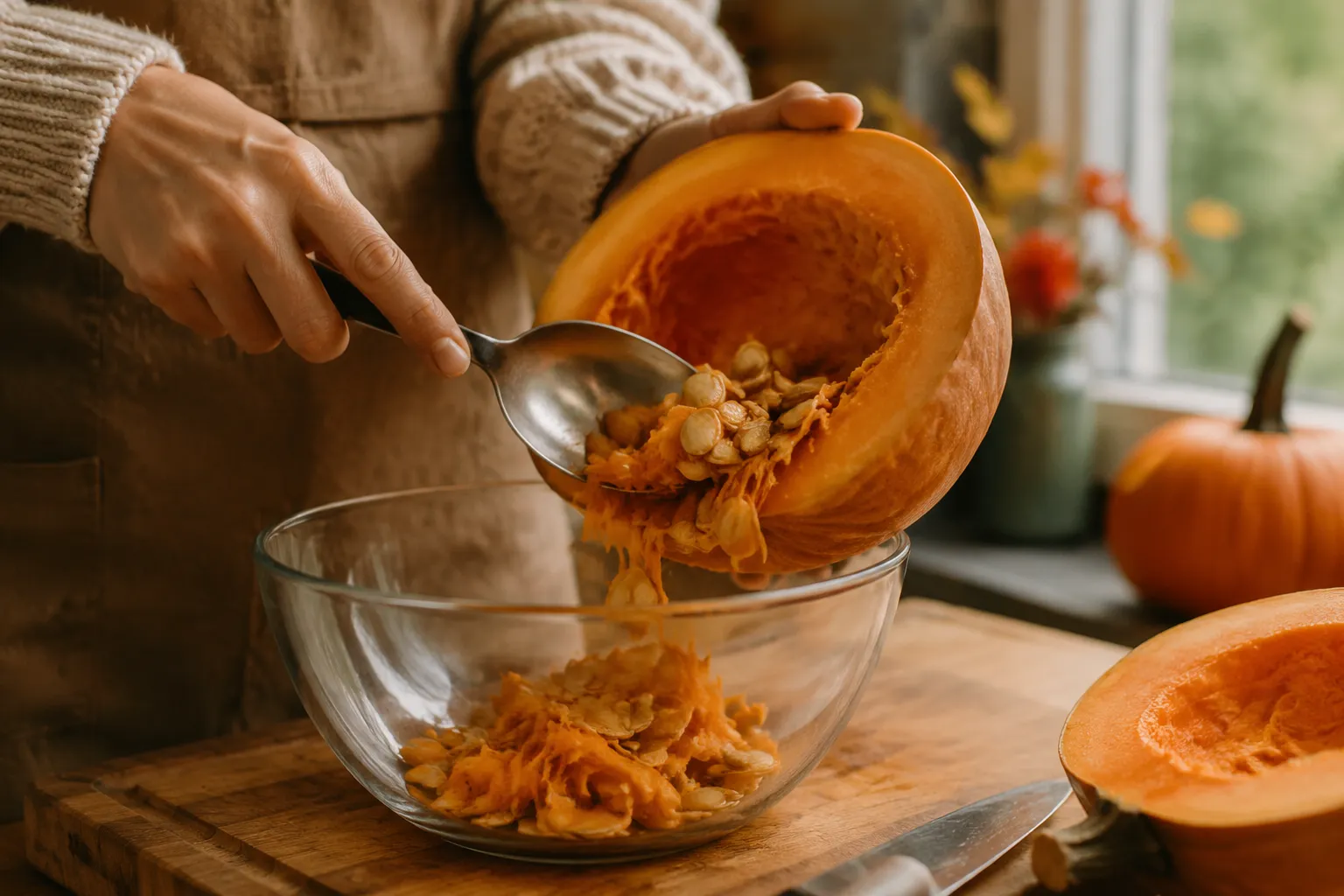 Hands scooping fresh pumpkin seeds from a halved pumpkin