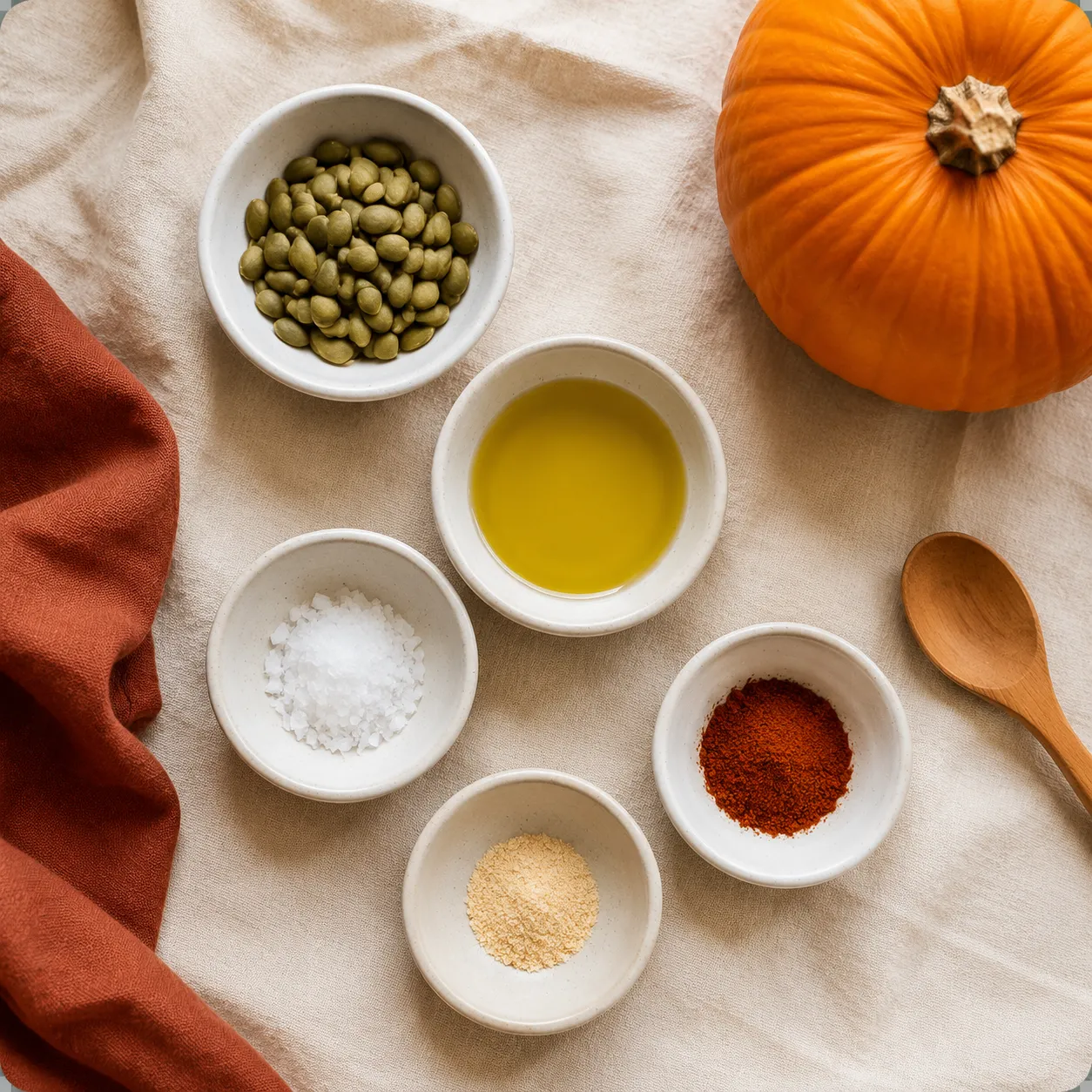 Ingredients for roasted pumpkin seeds recipe in small bowls overhead