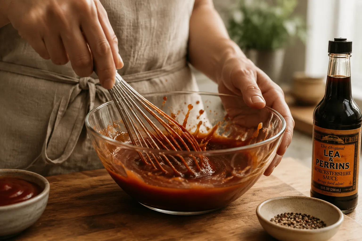 Whisking ketchup and Worcestershire to make homemade katsu sauce.