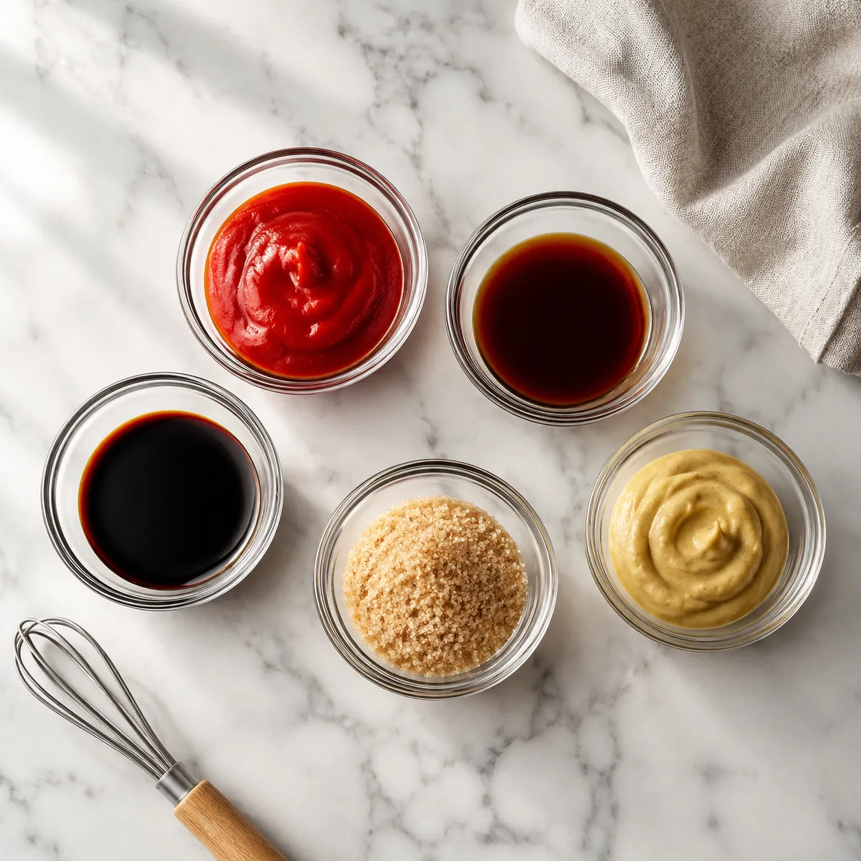 Tonkatsu sauce ingredients flatlay with ketchup, Worcestershire, soy sauce, and sugar.