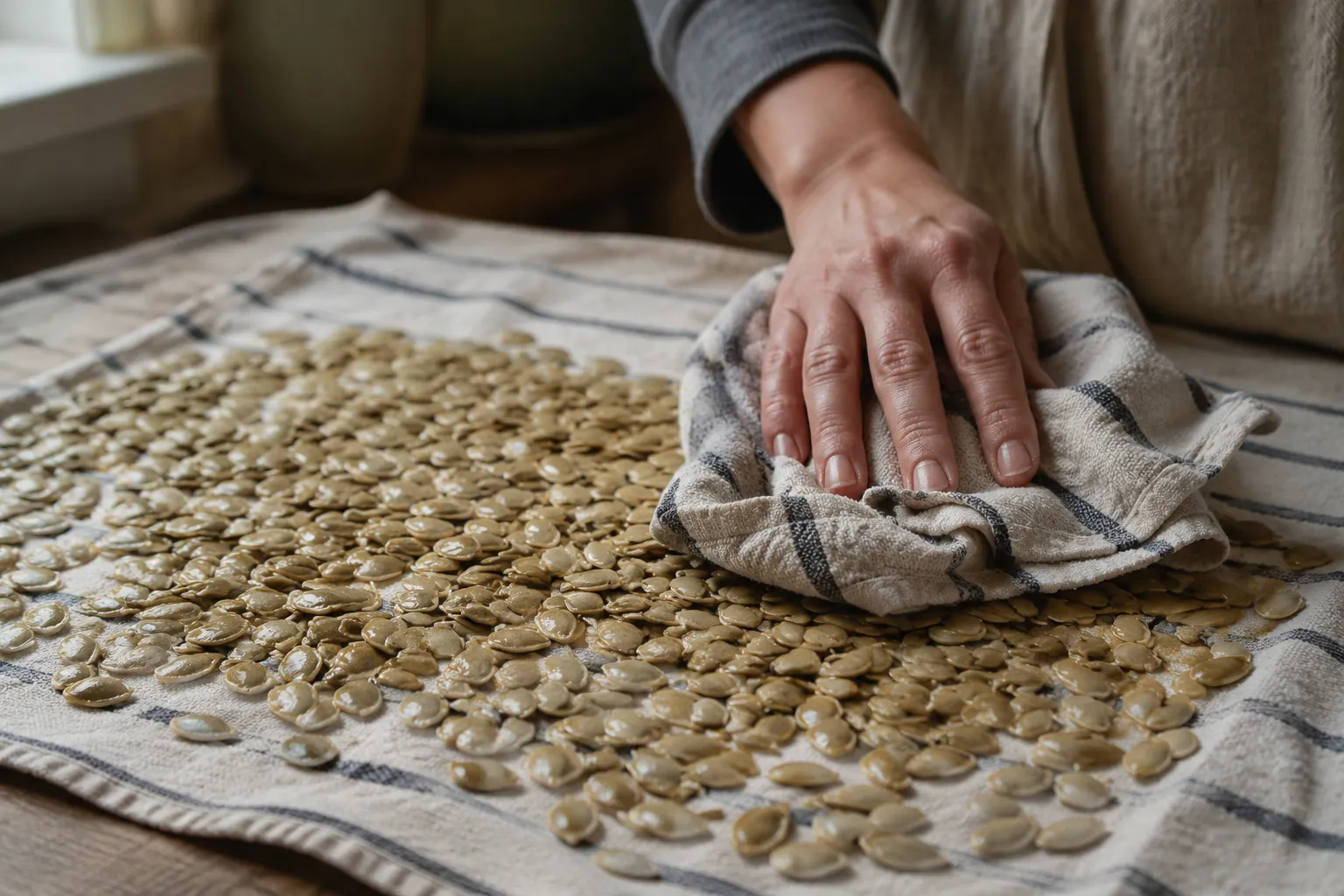 Drying pumpkin seeds on a kitchen towel for crispy roasting