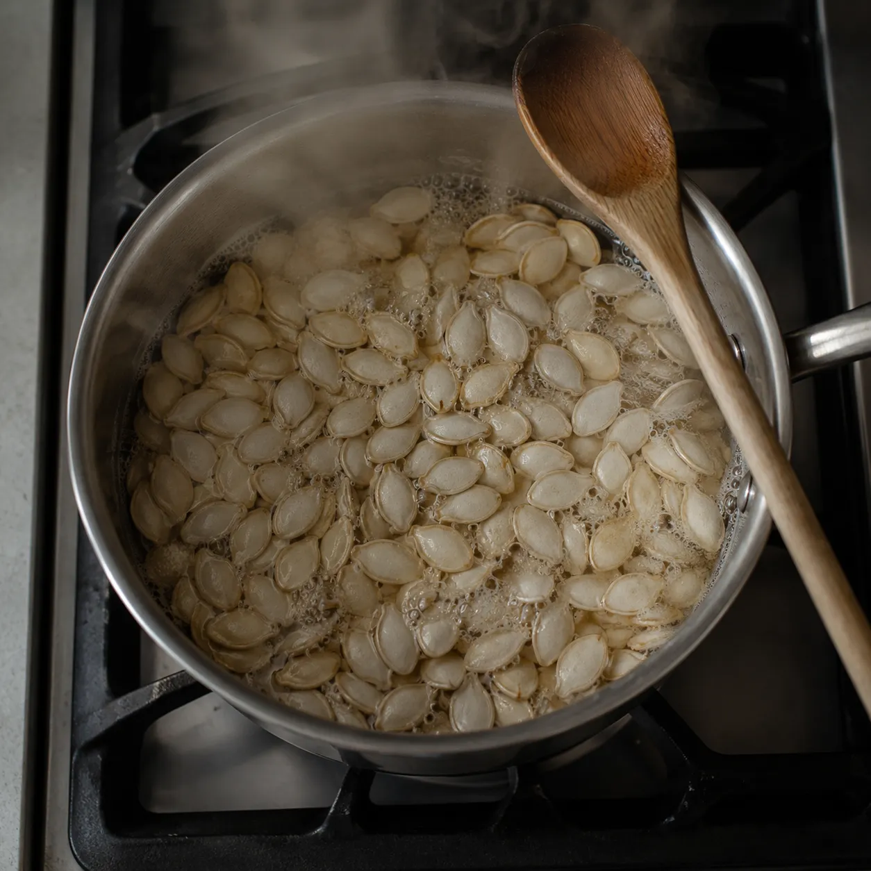 Boiling pumpkin seeds in salted water before roasting