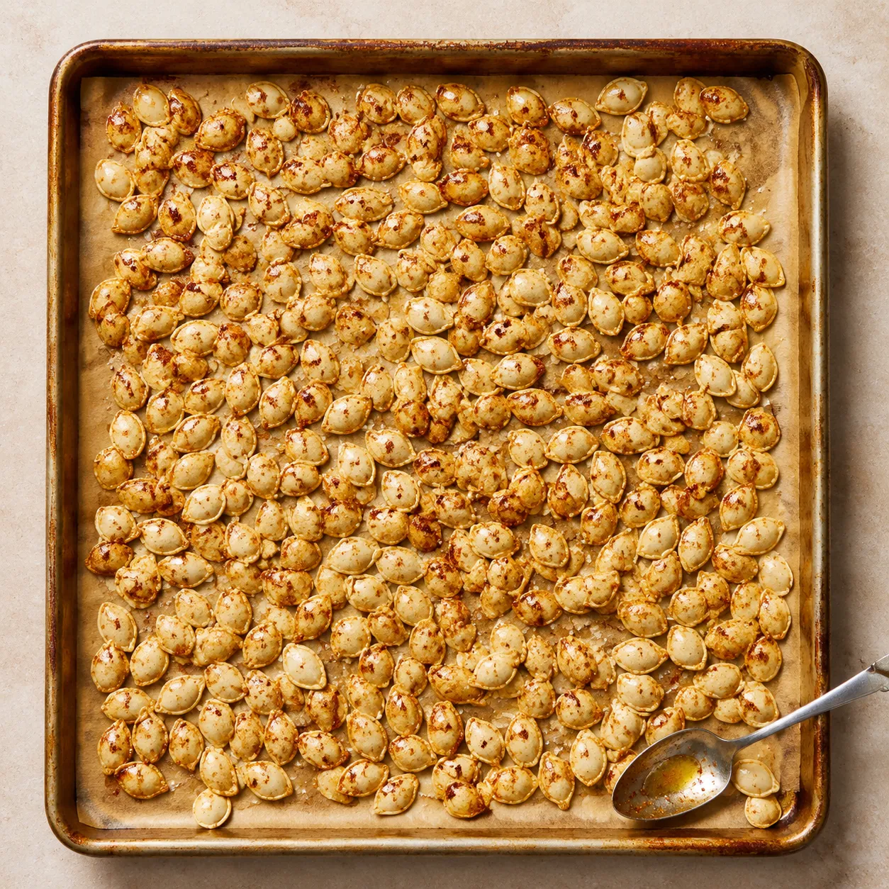Seasoned pumpkin seeds on baking sheet ready to roast