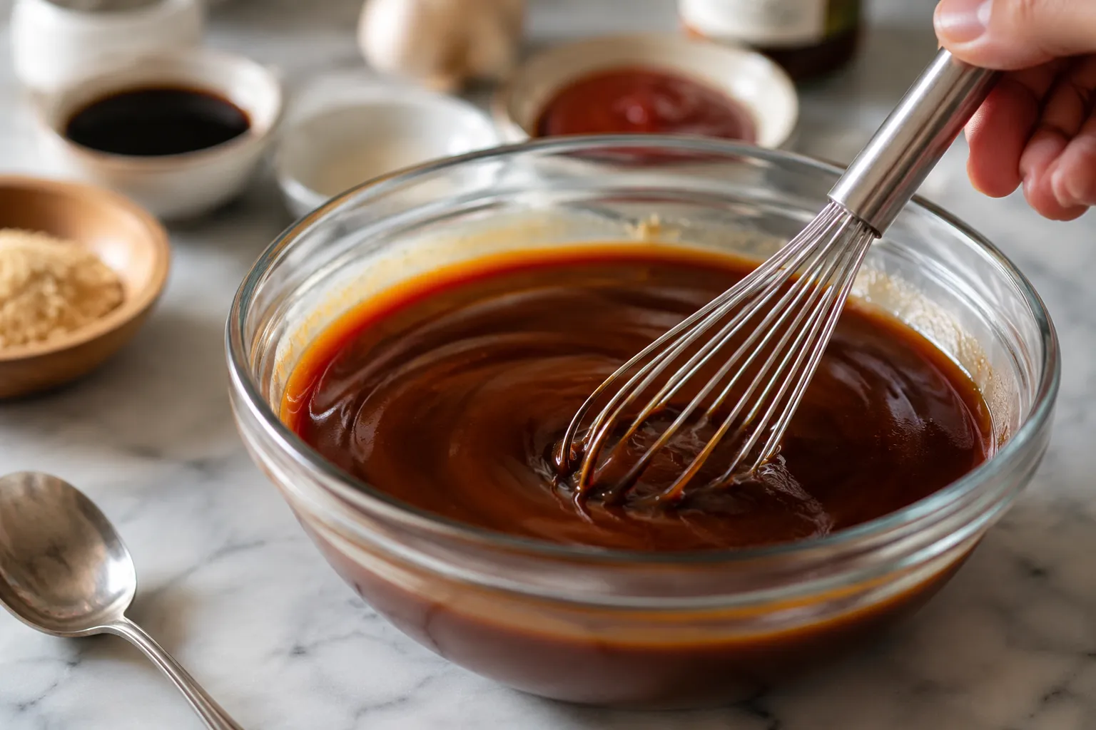 Finished katsu sauce whisked smooth in a glass mixing bowl.