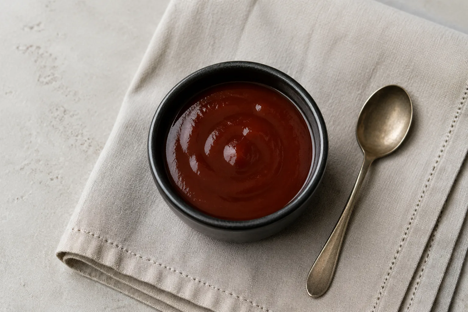 Homemade katsu sauce in a black ramekin ready to serve.
