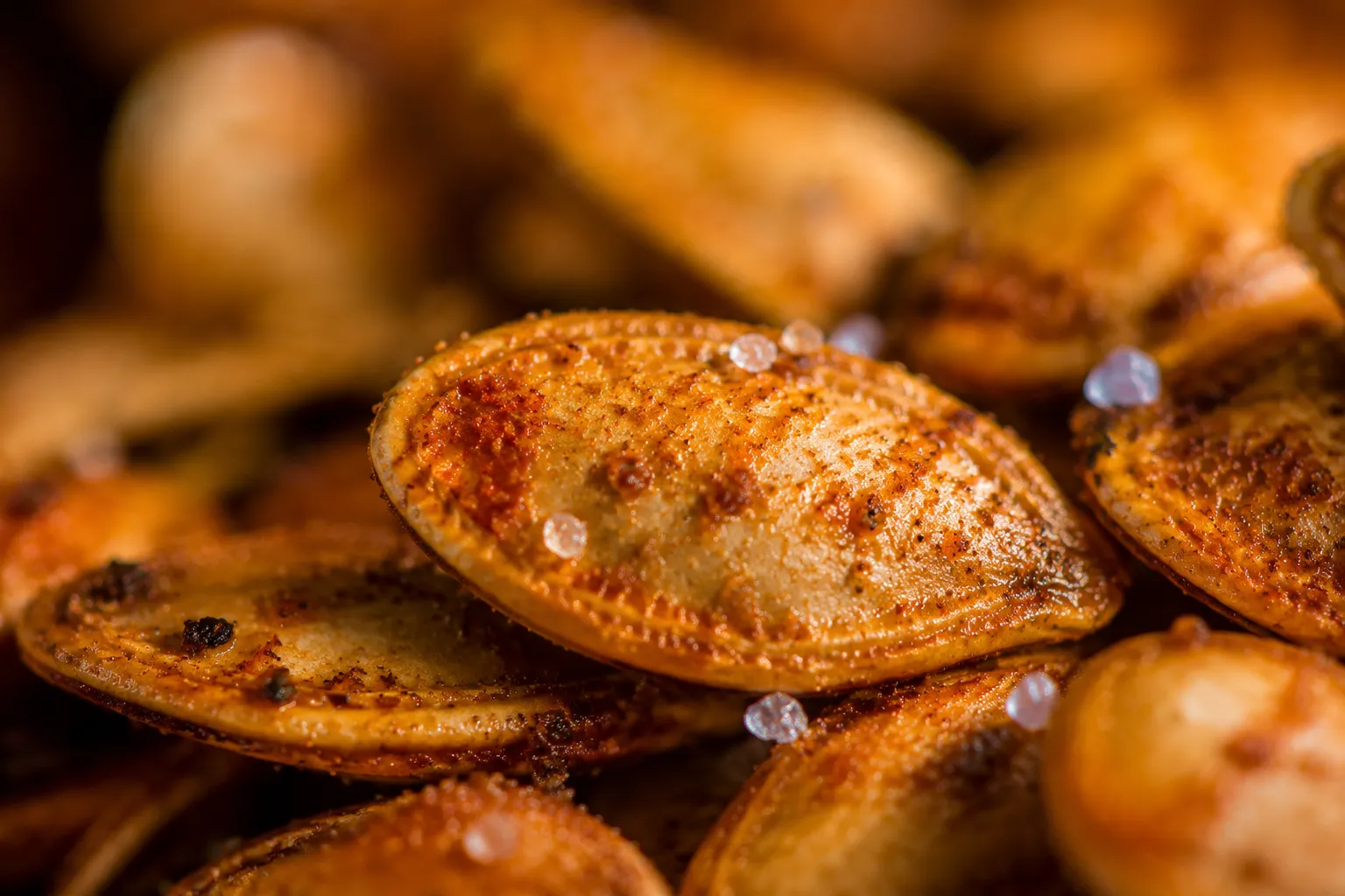Macro close-up of crispy roasted pumpkin seeds with sea salt