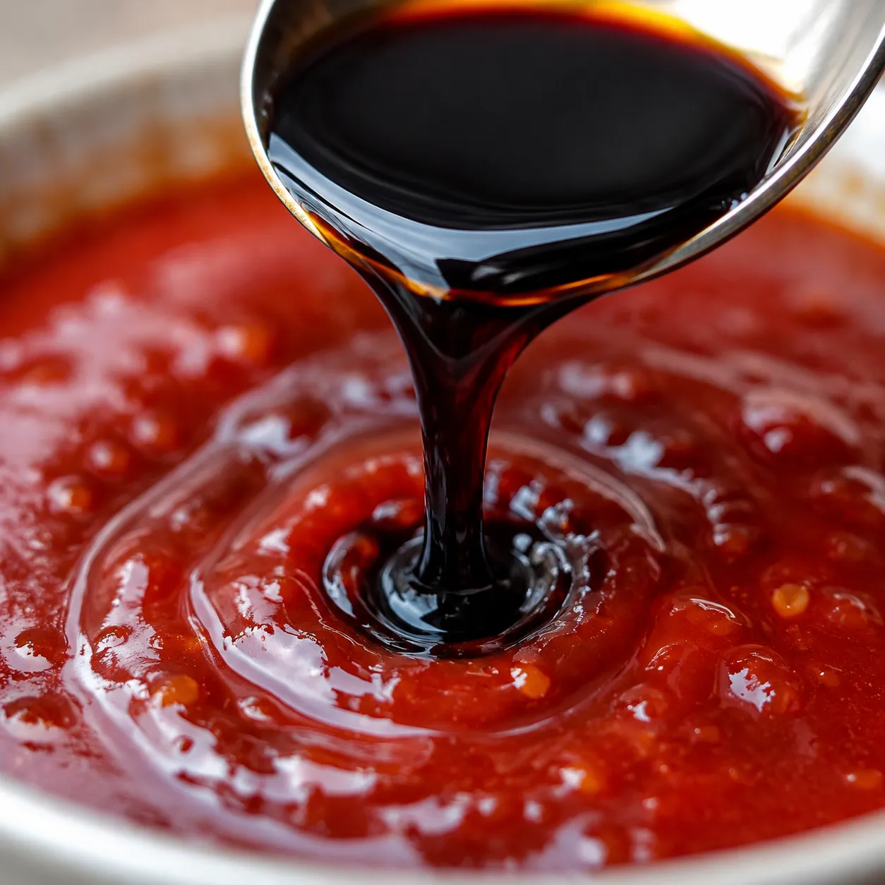 Adding soy sauce to homemade tonkatsu sauce close-up.