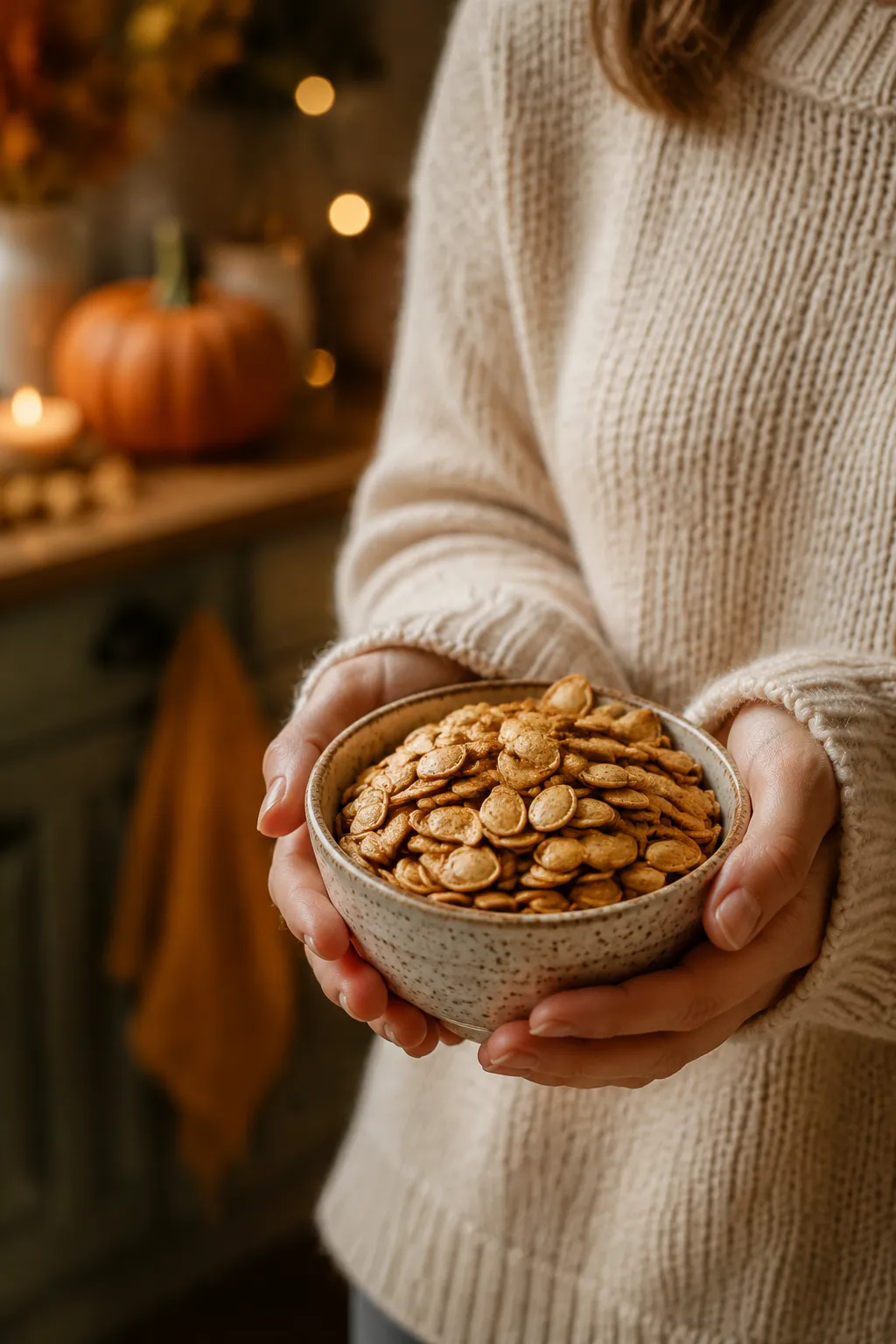 Hands holding bowl of roasted pumpkin seeds in cozy fall kitchen