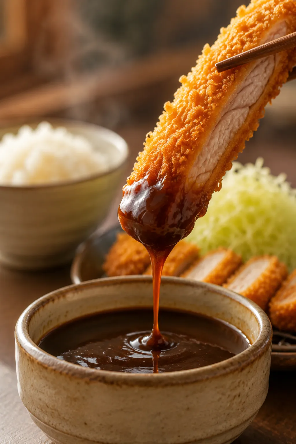 Dipping crispy chicken katsu into homemade katsu sauce.