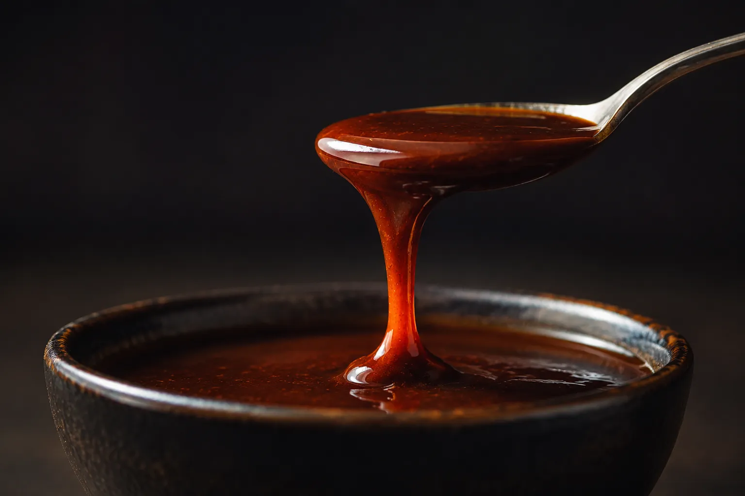 Thick glossy katsu sauce dripping from a spoon to show consistency.