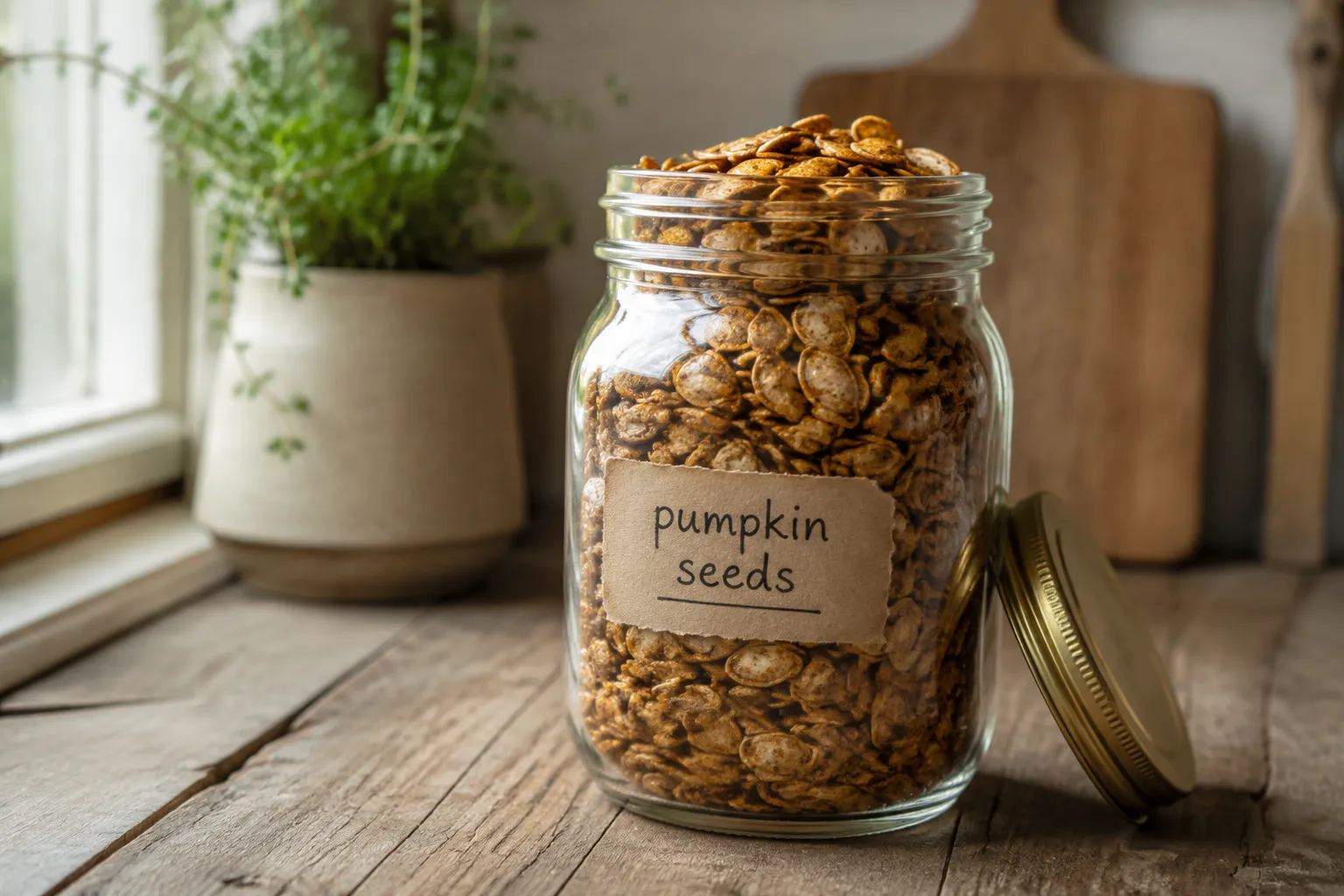 Roasted pumpkin seeds stored in a glass mason jar for freshness