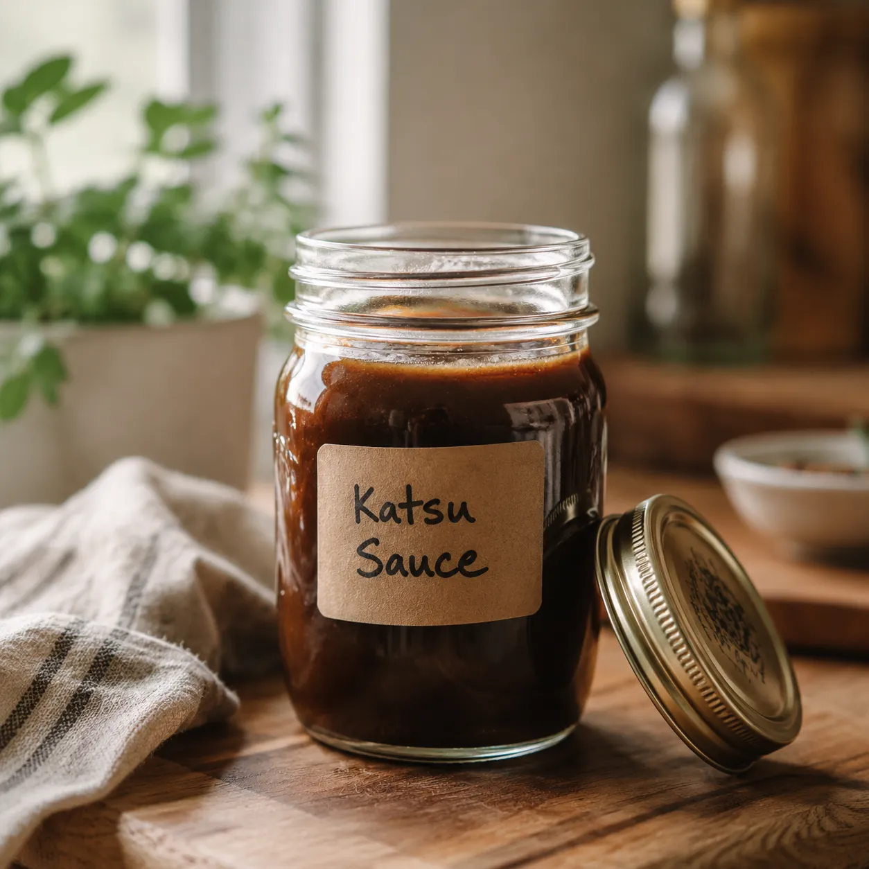 Homemade tonkatsu sauce stored in a labeled mason jar for the fridge.