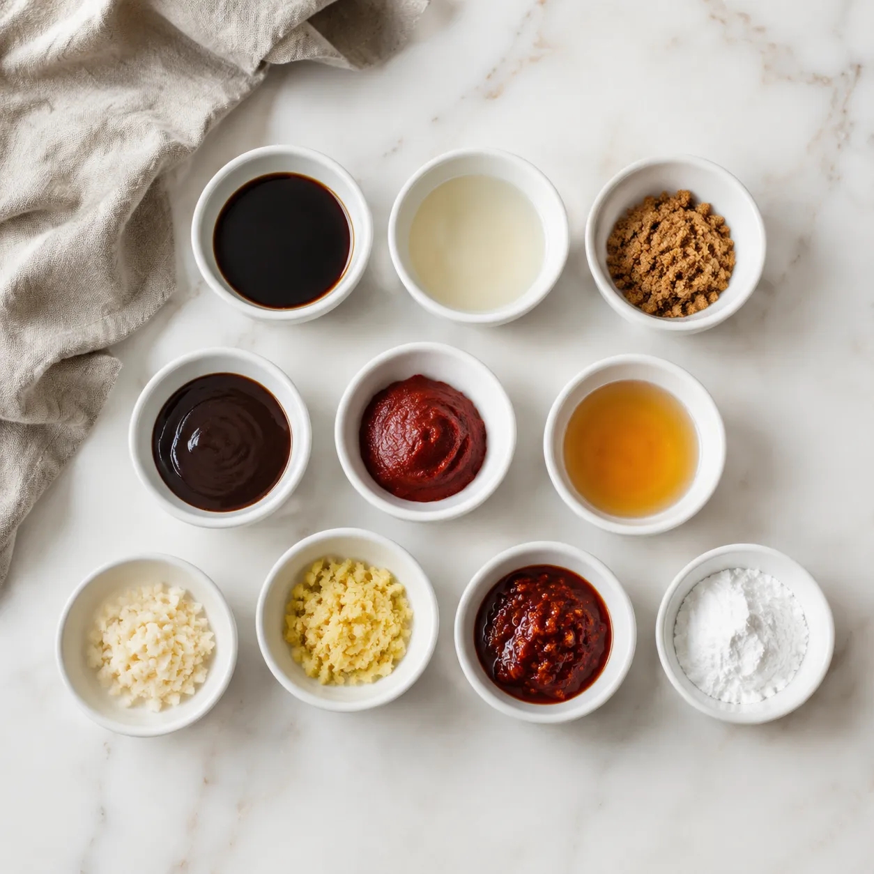 Ingredients for homemade general tso sauce in small bowls on marble