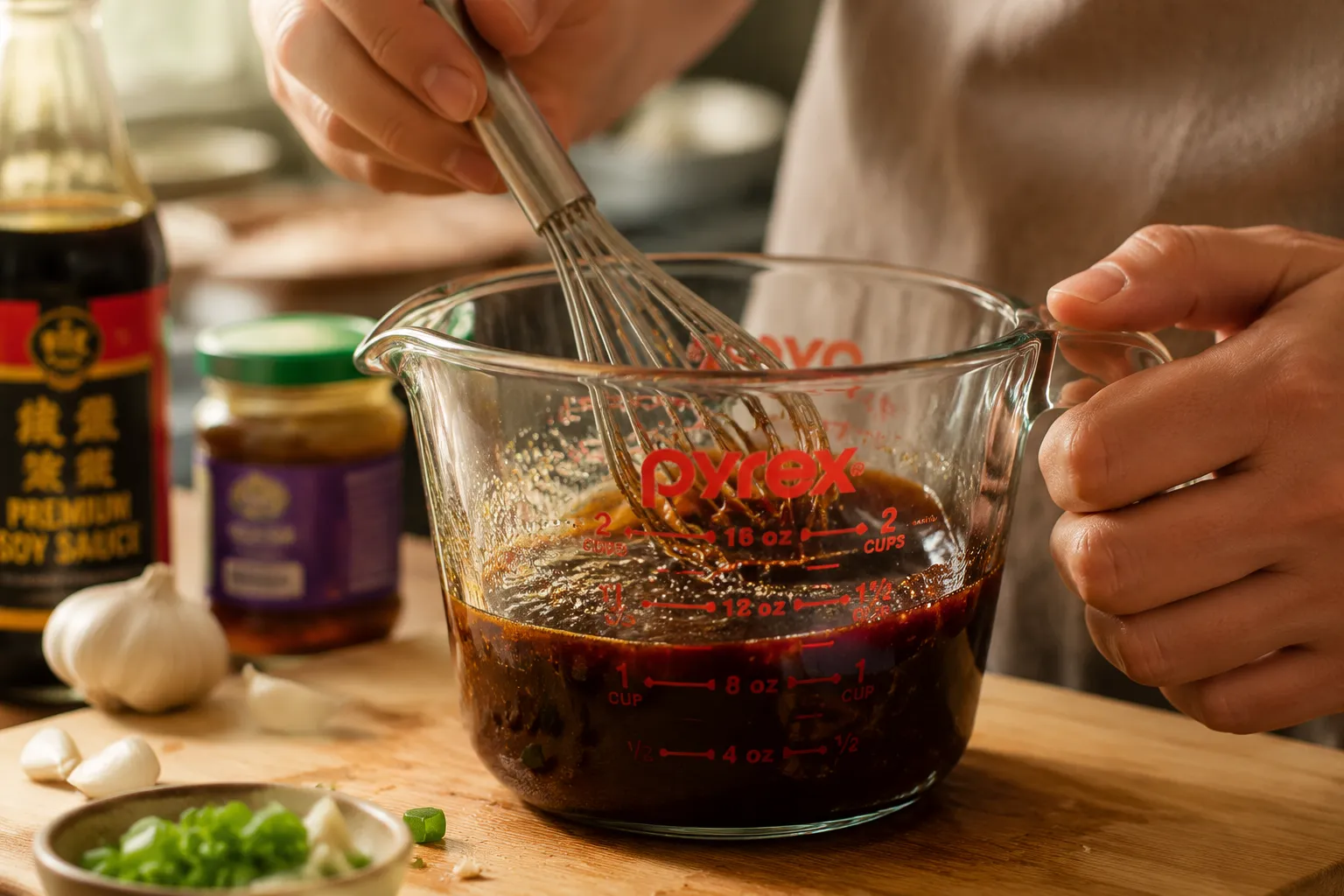 Whisking general tso sauce ingredients in a glass measuring cup