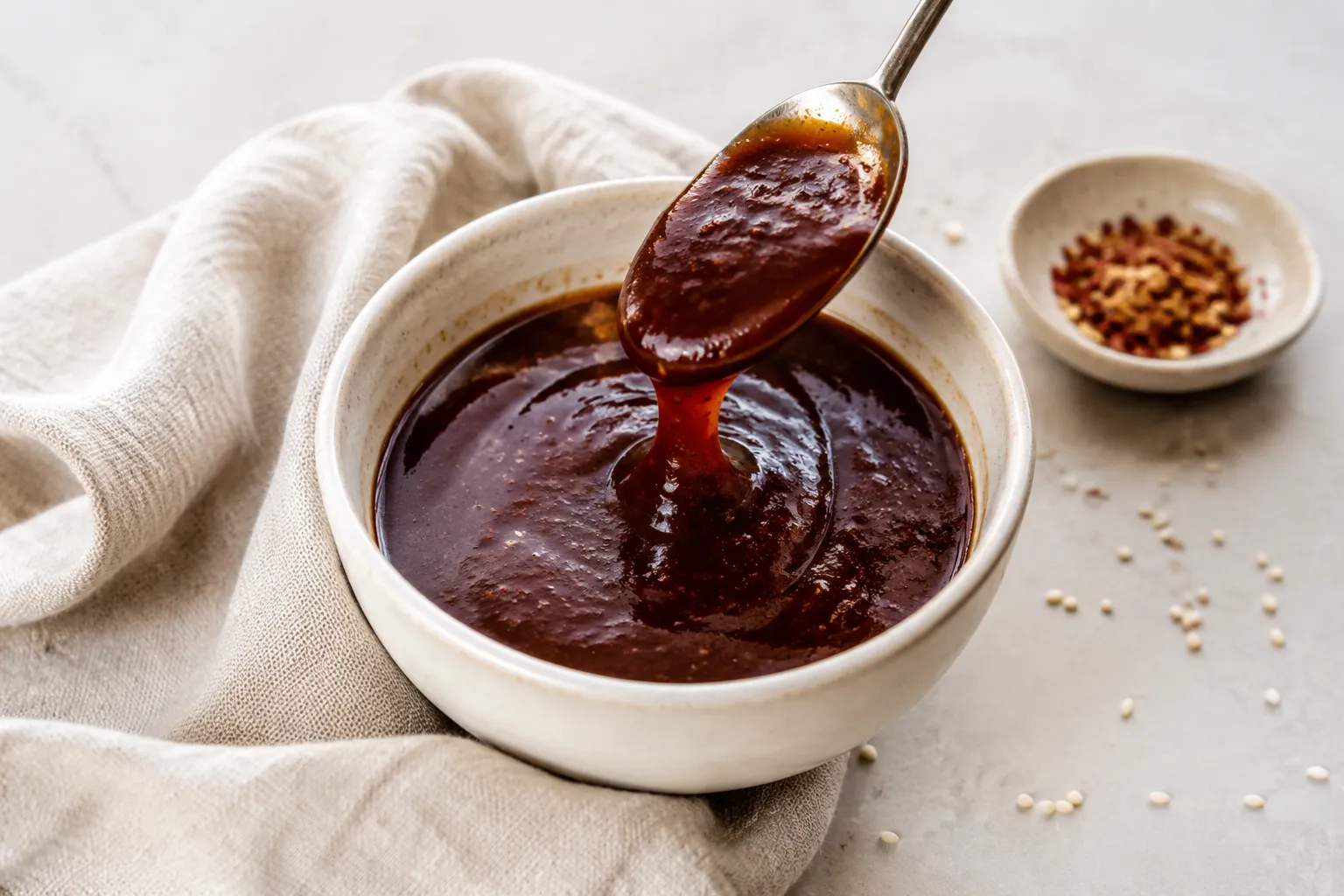 Bowl of finished homemade general tso sauce with a spoon