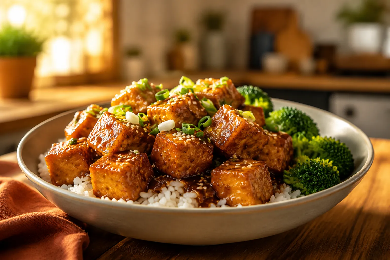General tso tofu over rice with broccoli and scallions