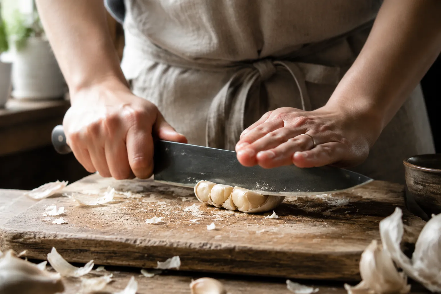 Smashing garlic cloves to flavor the broth for Italian penicillin soup