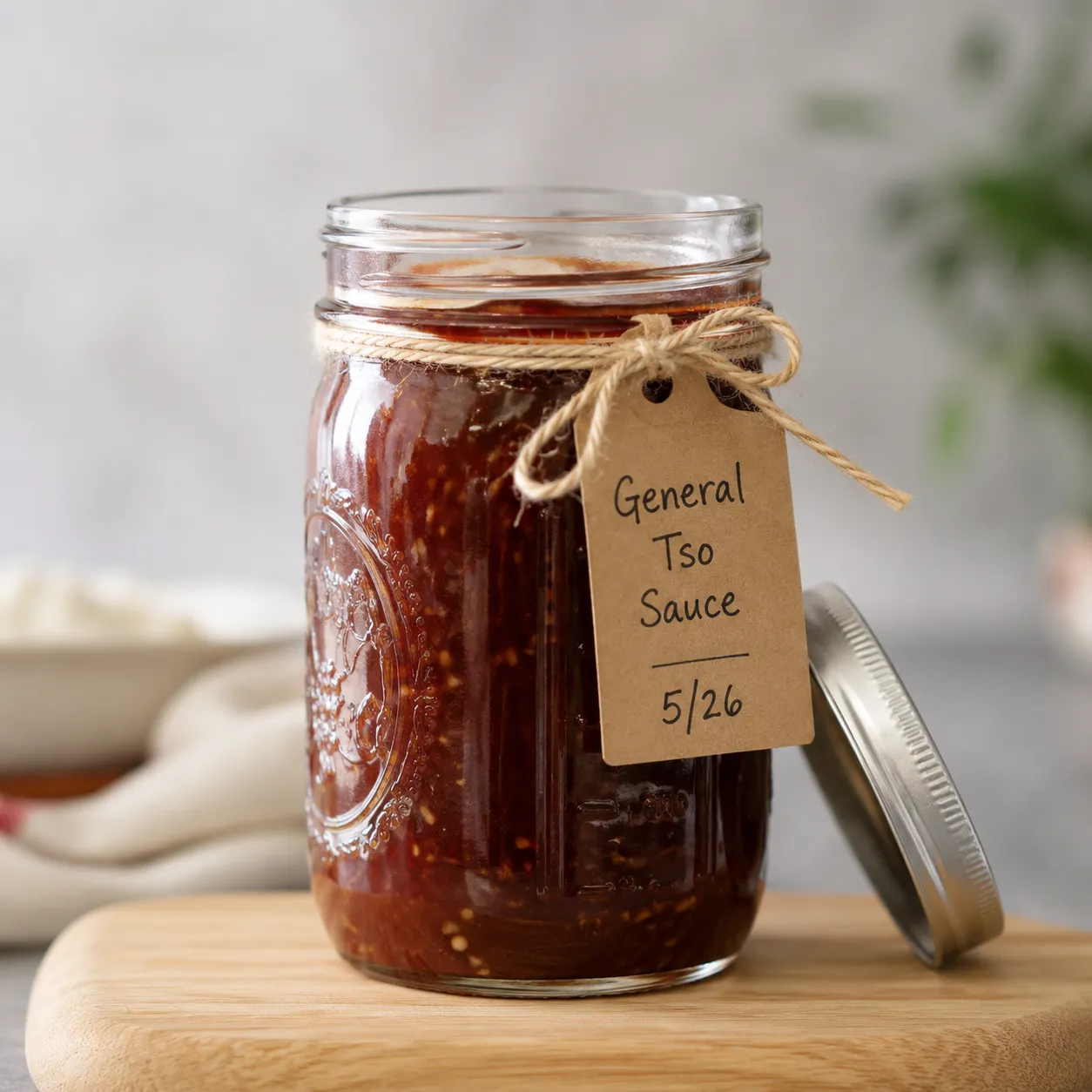Homemade general tso sauce stored in a mason jar for the fridge