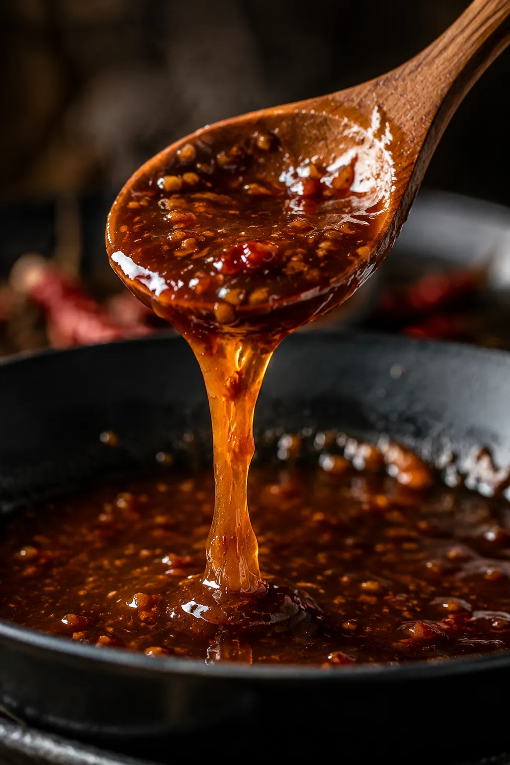 Close-up of glossy general tso sauce drizzling from a spoon
