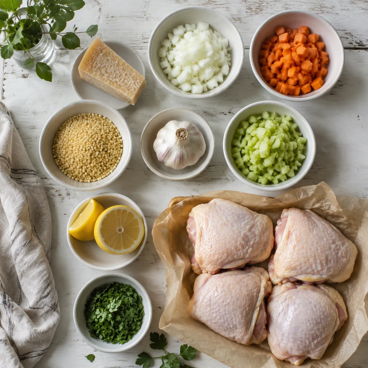 Ingredients for Italian penicillin soup including chicken, garlic, lemon, escarole, and pastina