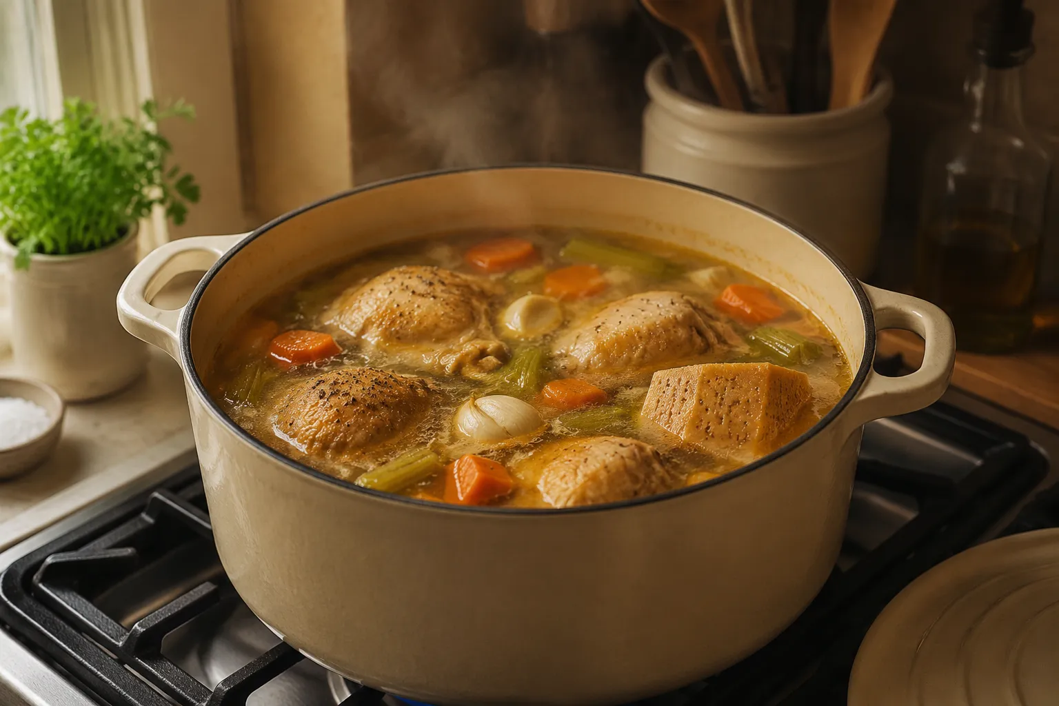 Chicken, vegetables, and Parmesan rind simmering for Italian penicillin soup broth