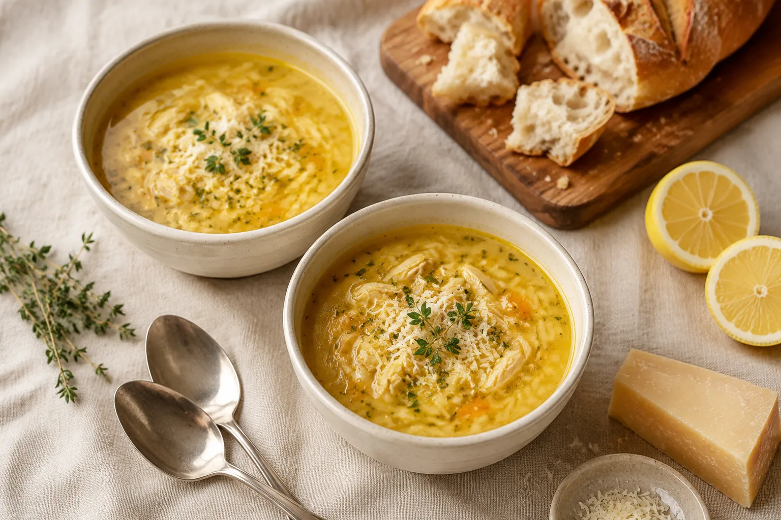 Two bowls of Italian penicillin soup served with crusty bread and lemon