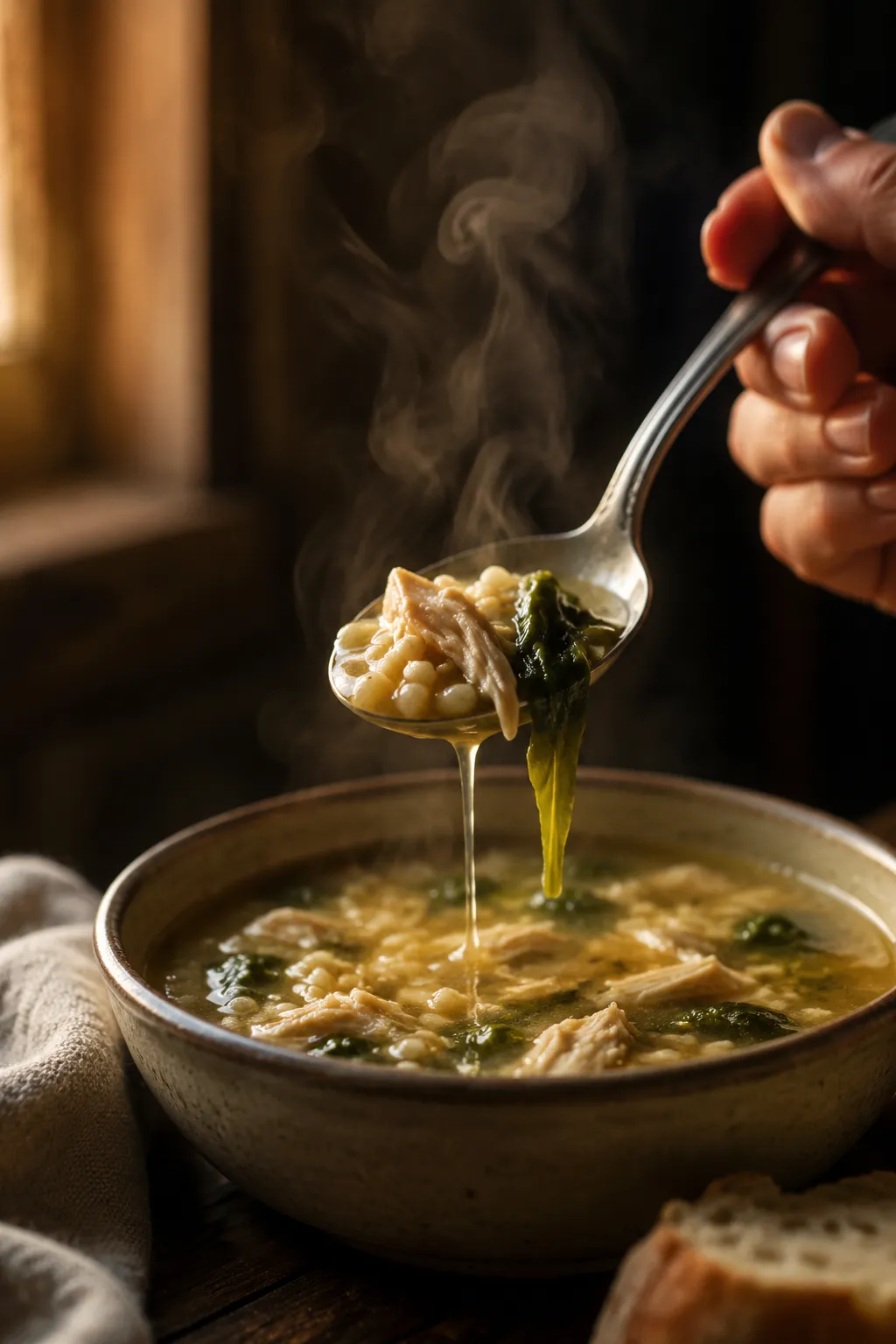 Spoonful of Italian penicillin soup with chicken, pastina, and escarole