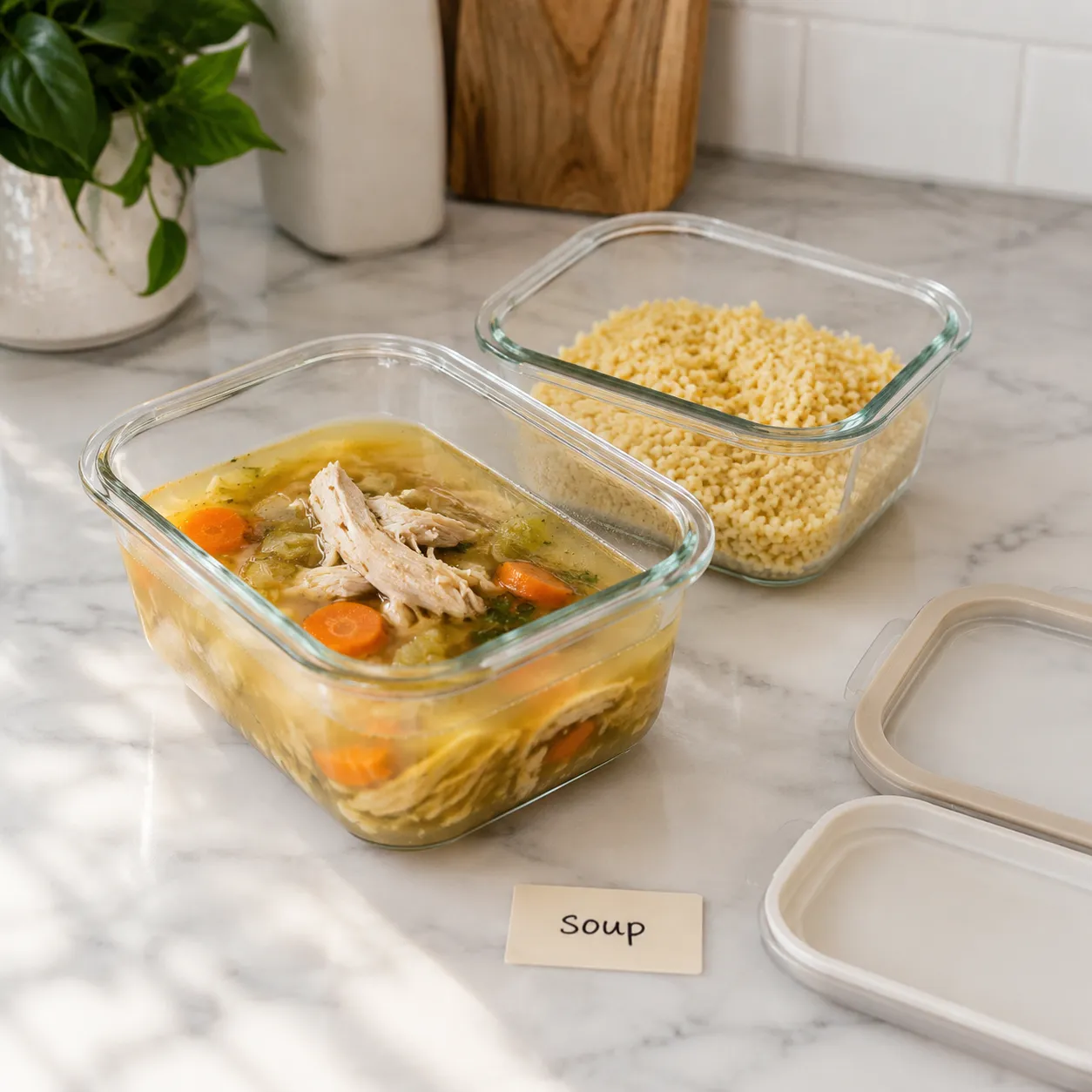 Storing Italian penicillin soup and pastina separately in glass containers