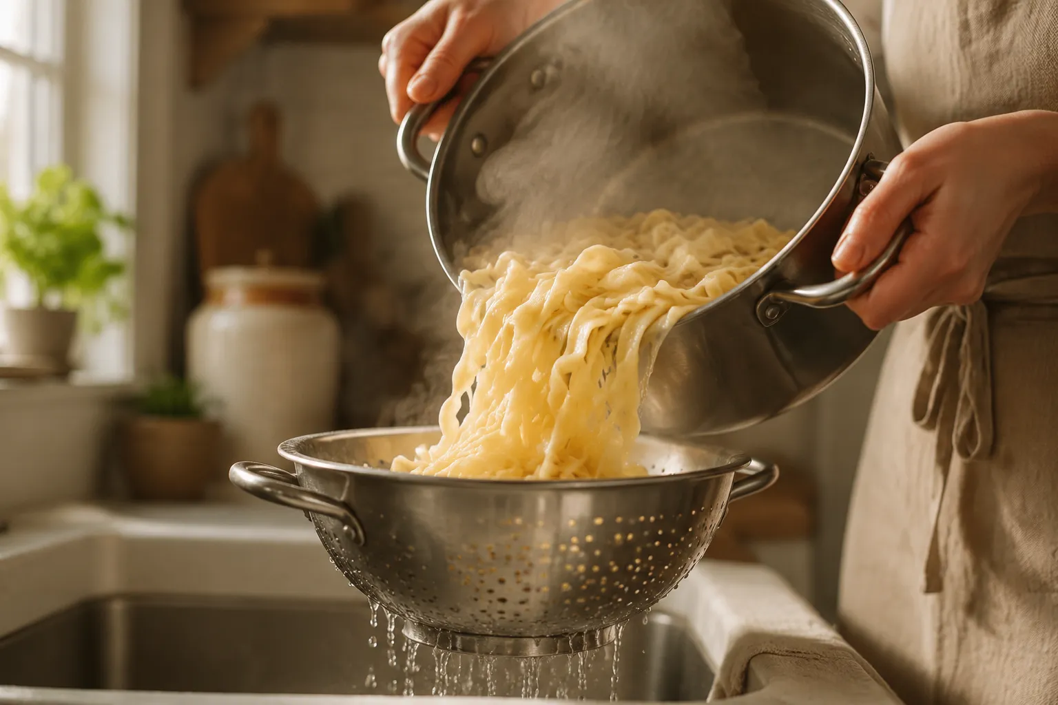 Draining egg noodles for easy tuna casserole recipe