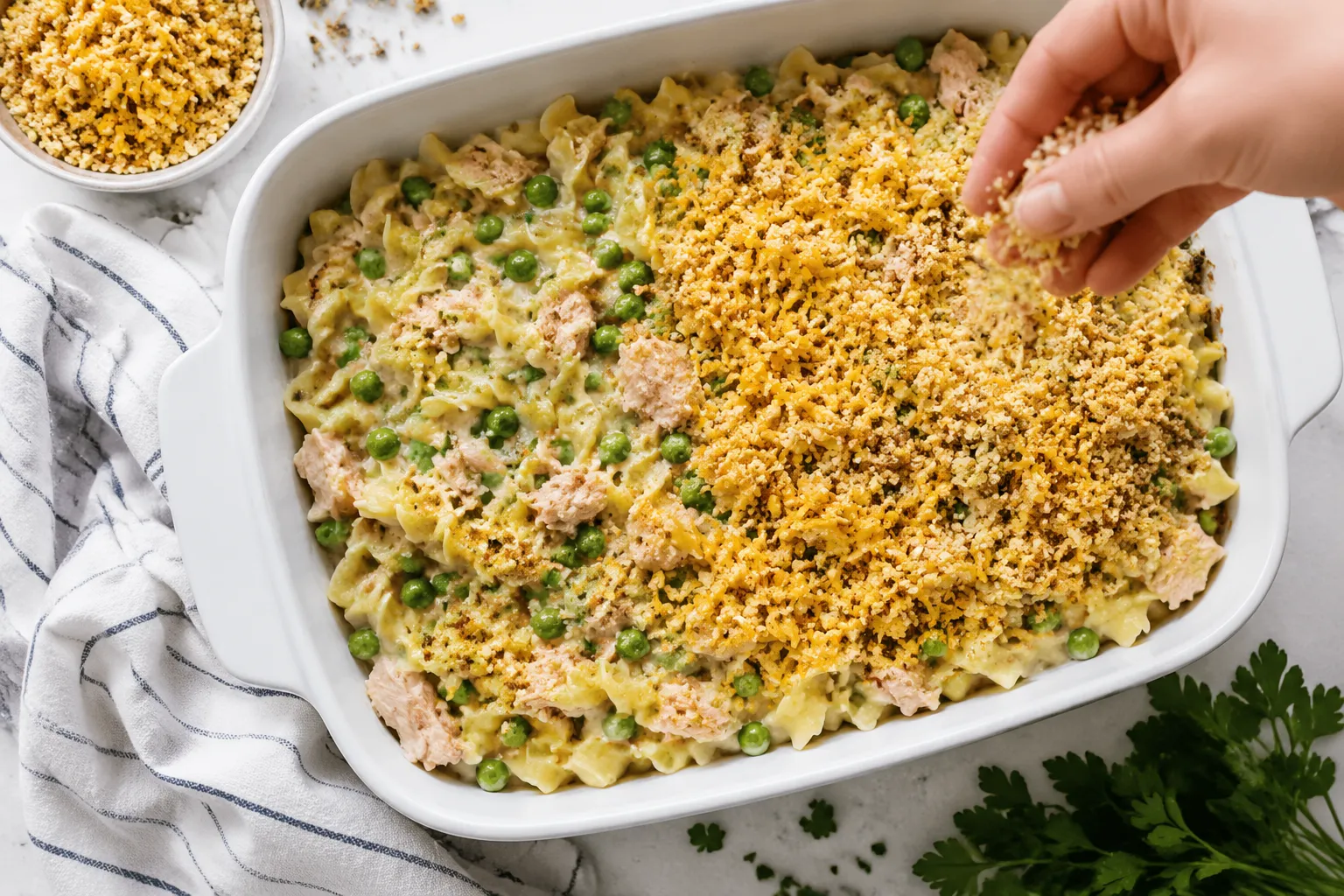 Assembling tuna casserole with panko topping before baking