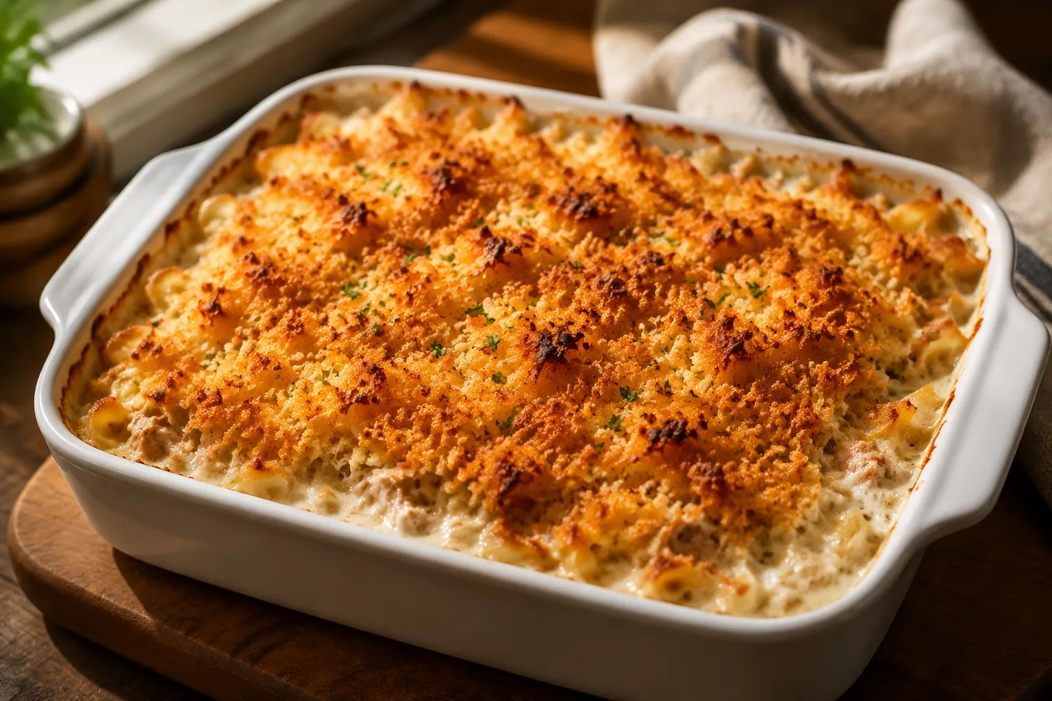 Baked tuna casserole with golden cheddar panko topping