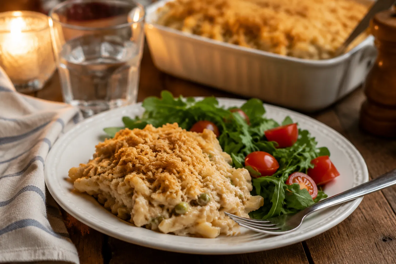 Tuna casserole serving plated with a fresh green salad
