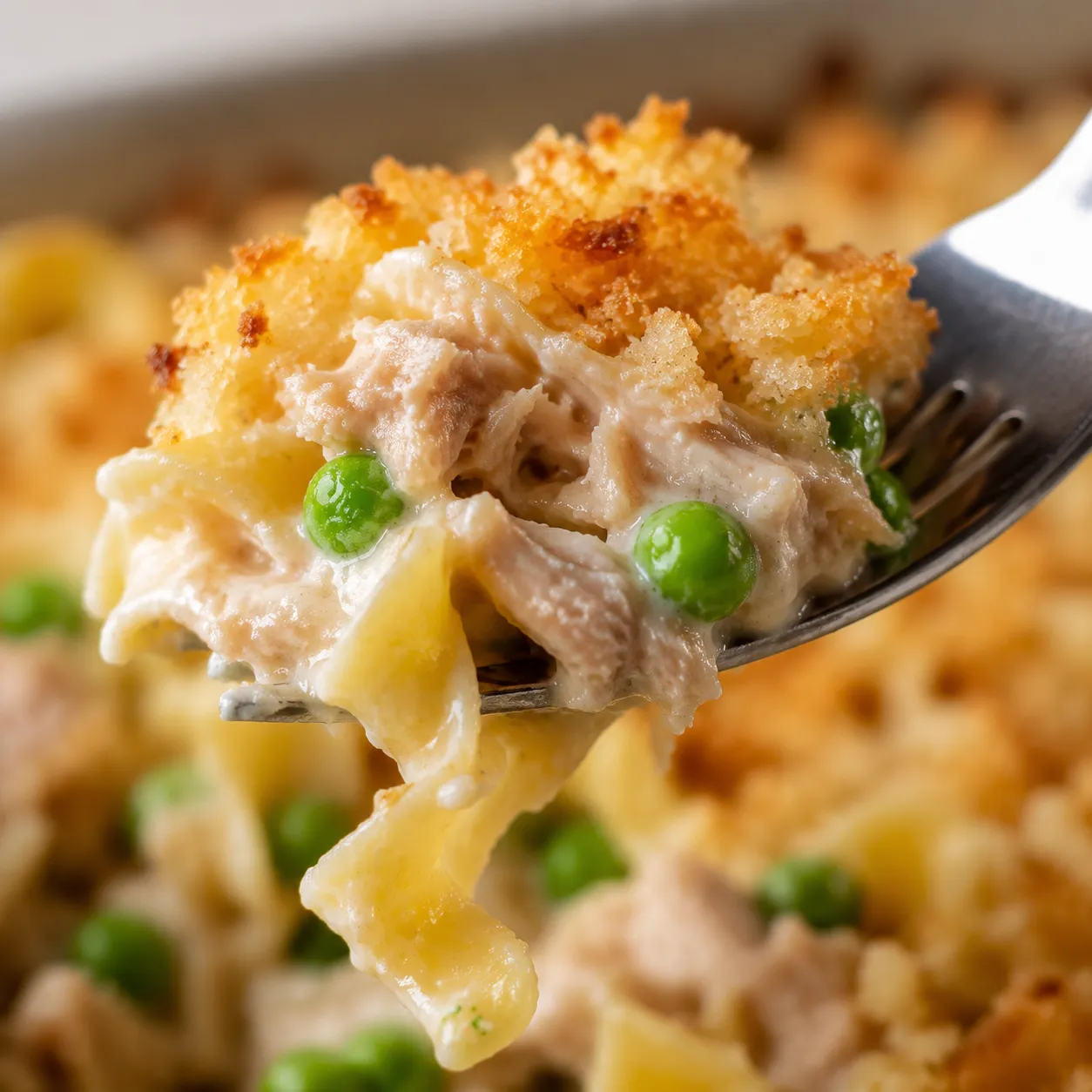 Close-up of creamy tuna casserole bite with crispy panko topping