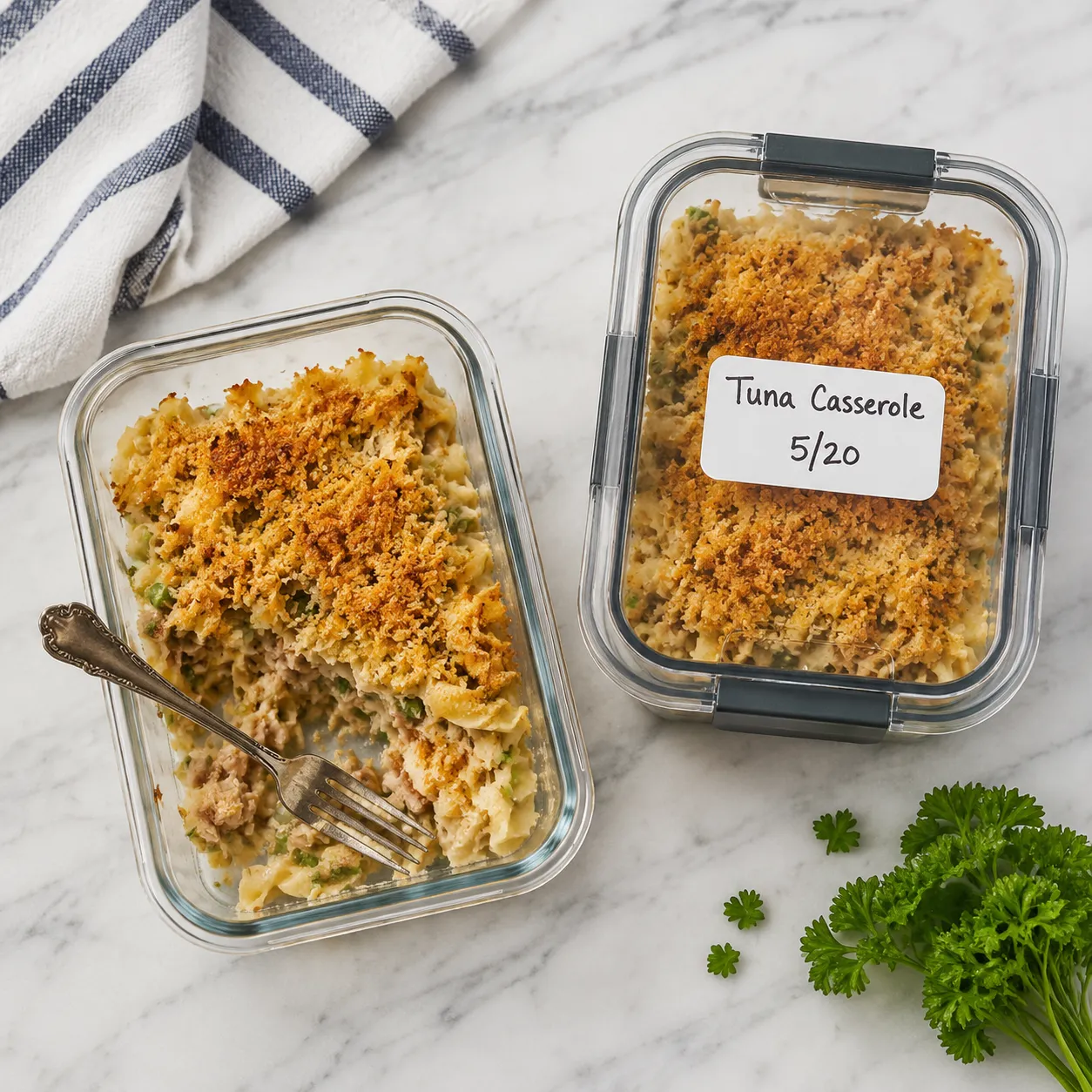 Leftover tuna noodle casserole stored in glass containers for meal prep