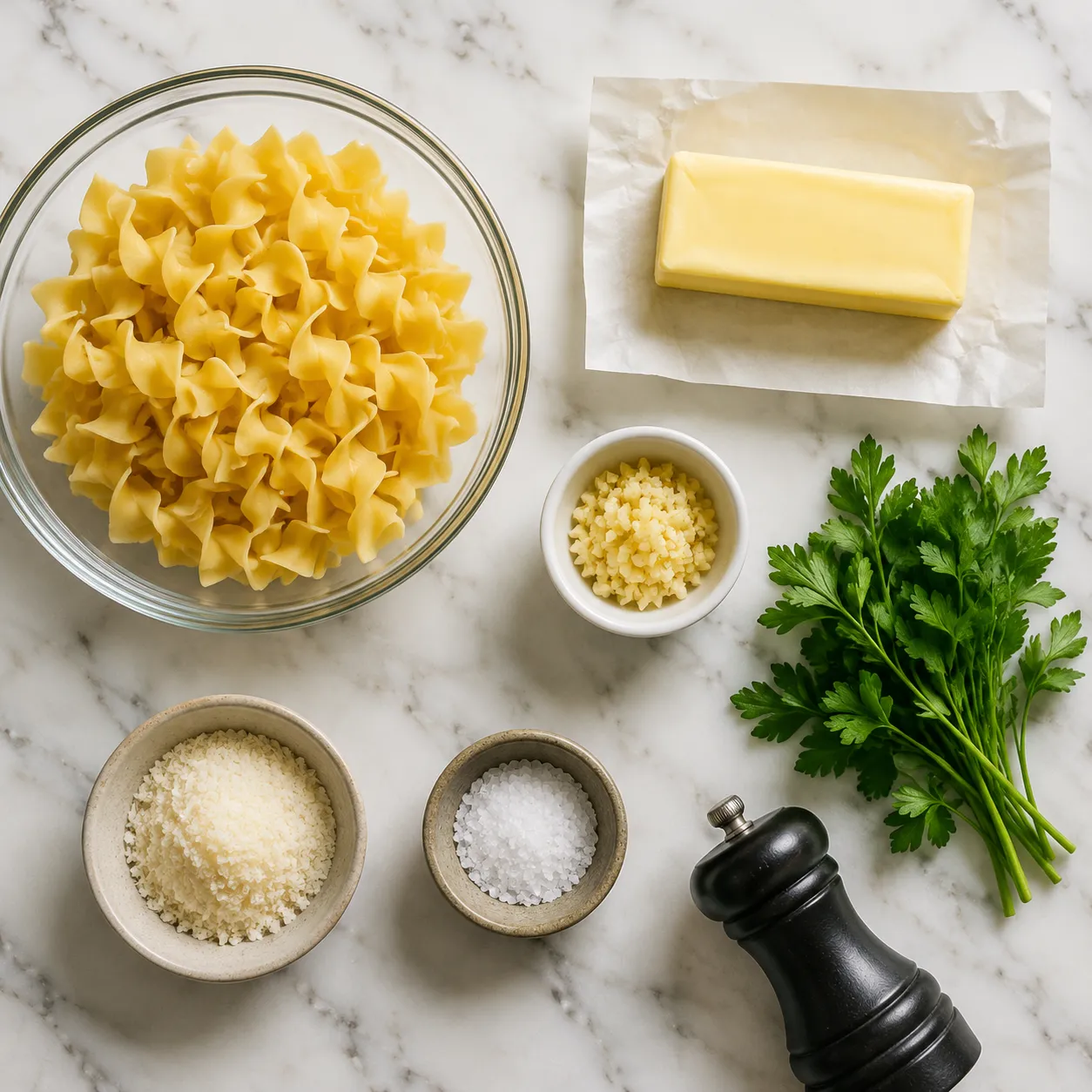 Butter noodles ingredients flatlay with egg noodles, butter, garlic, and Parmesan