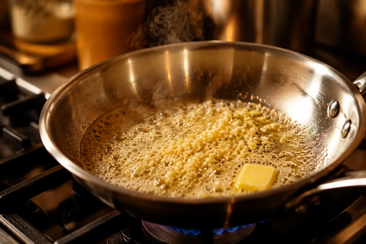 Melted garlic butter sauce in a skillet for butter noodles