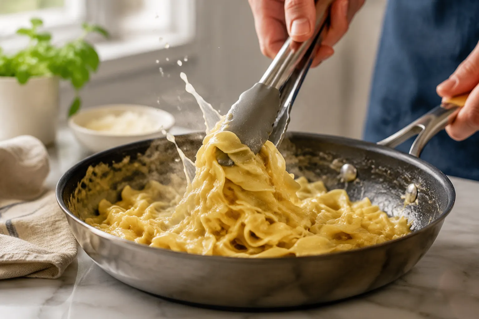 Tossing butter noodles with pasta water for a silky sauce